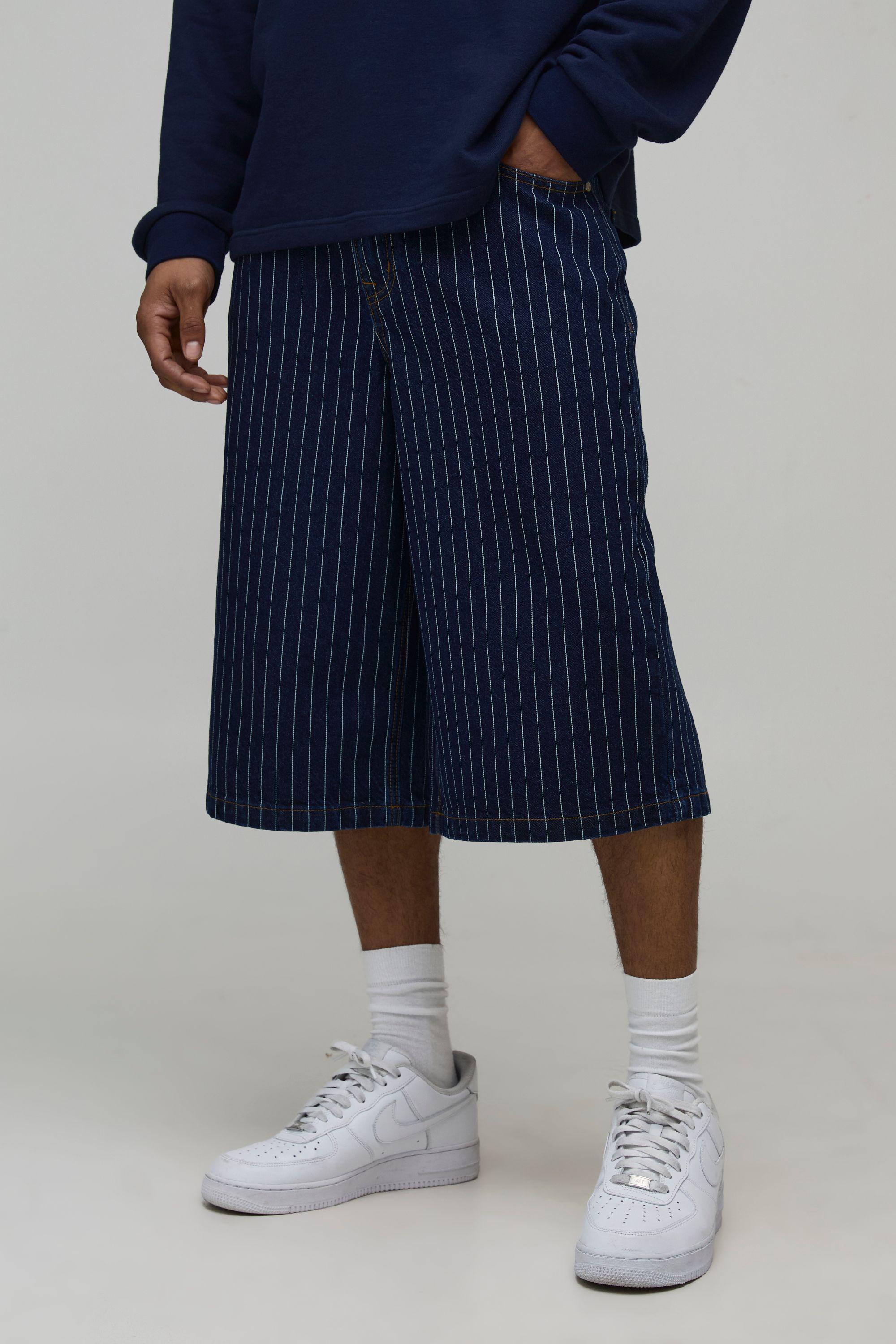 Pinstripe Carpenter Longline Denim Jorts by BOOHOOMAN