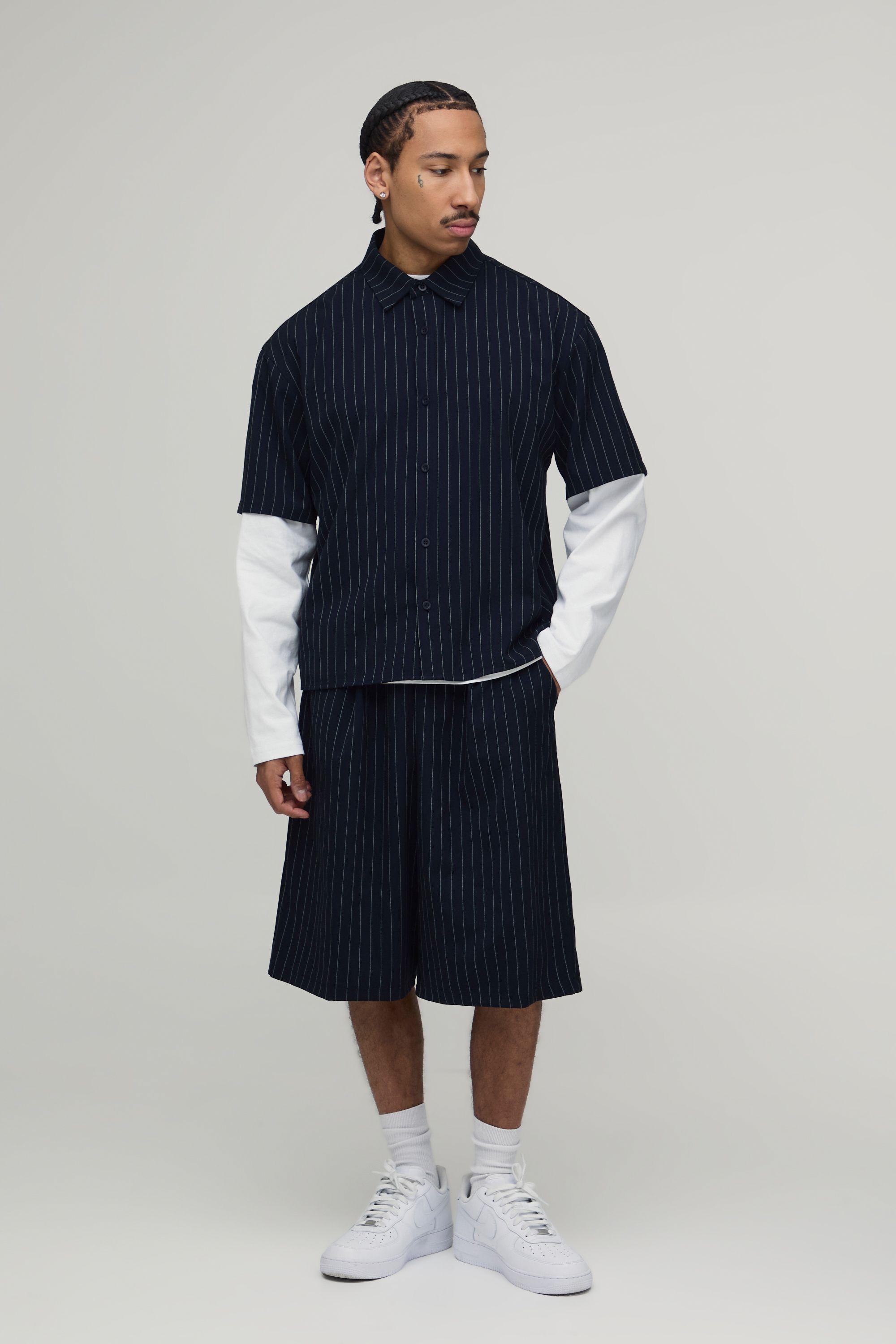 Pinstripe Oversized Boxy Faux Layer Shirt & Wide Leg Pleat Front Jorts Set by BOOHOOMAN
