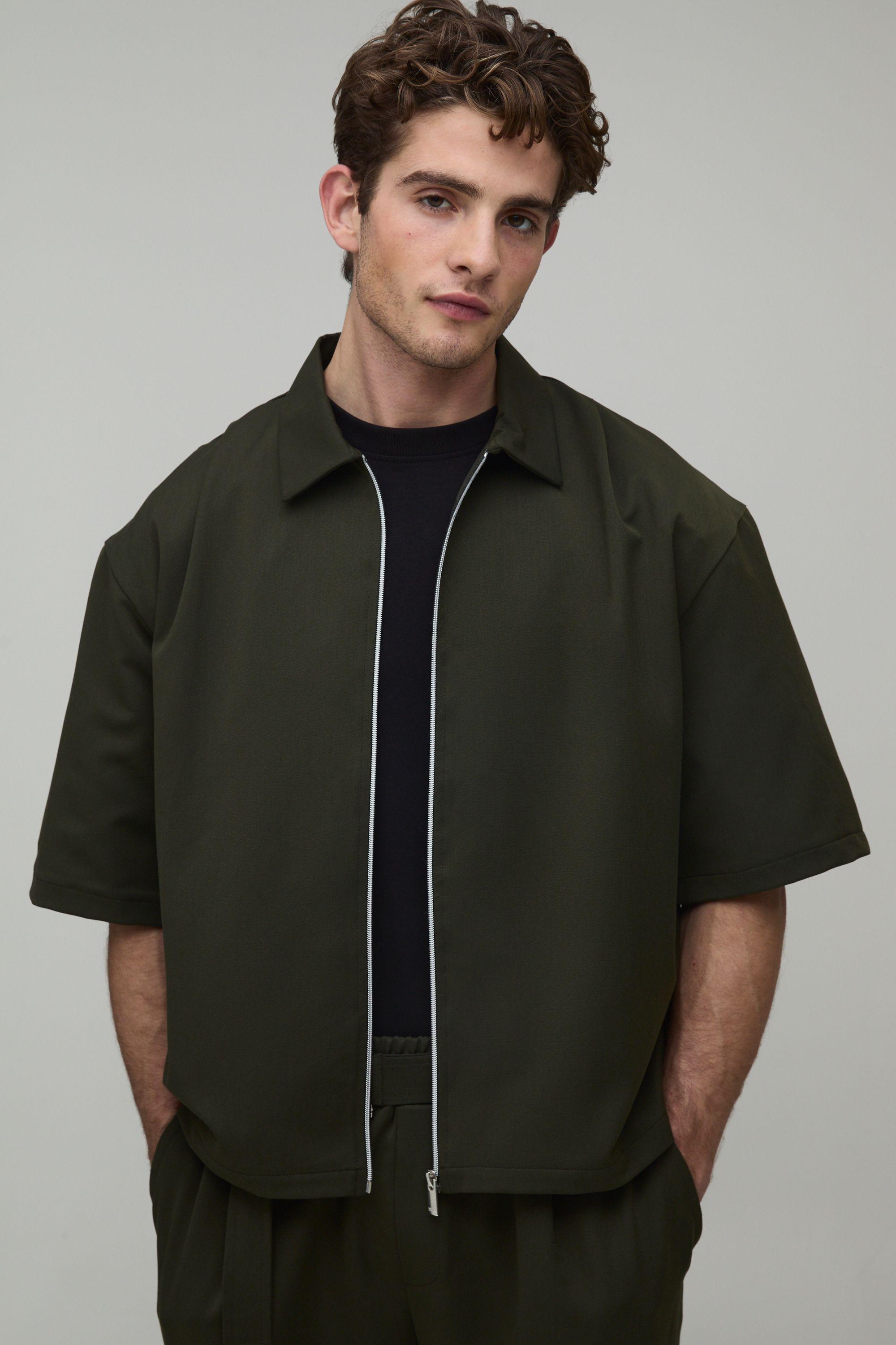 Pleat Detail Zip Up Half Sleeve Overshirt Co-Ord by BOOHOOMAN