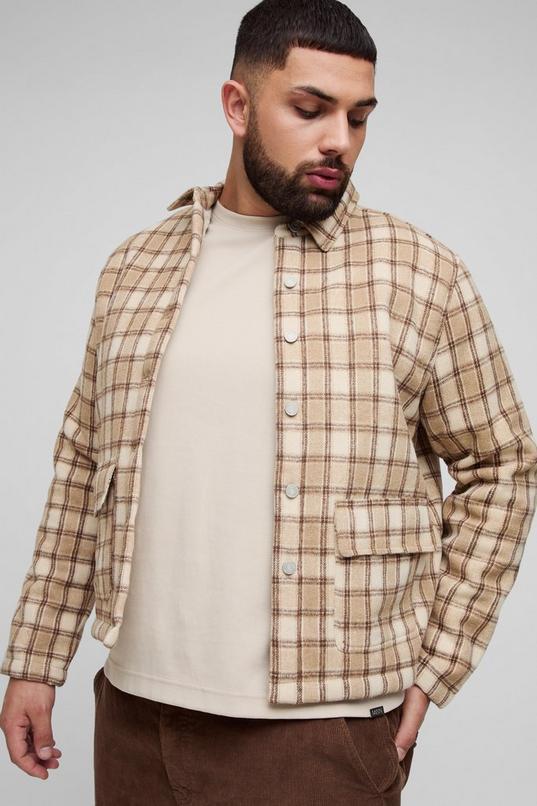 Plus Borg Lined Brushed Oversized Check Overshirt by BOOHOOMAN
