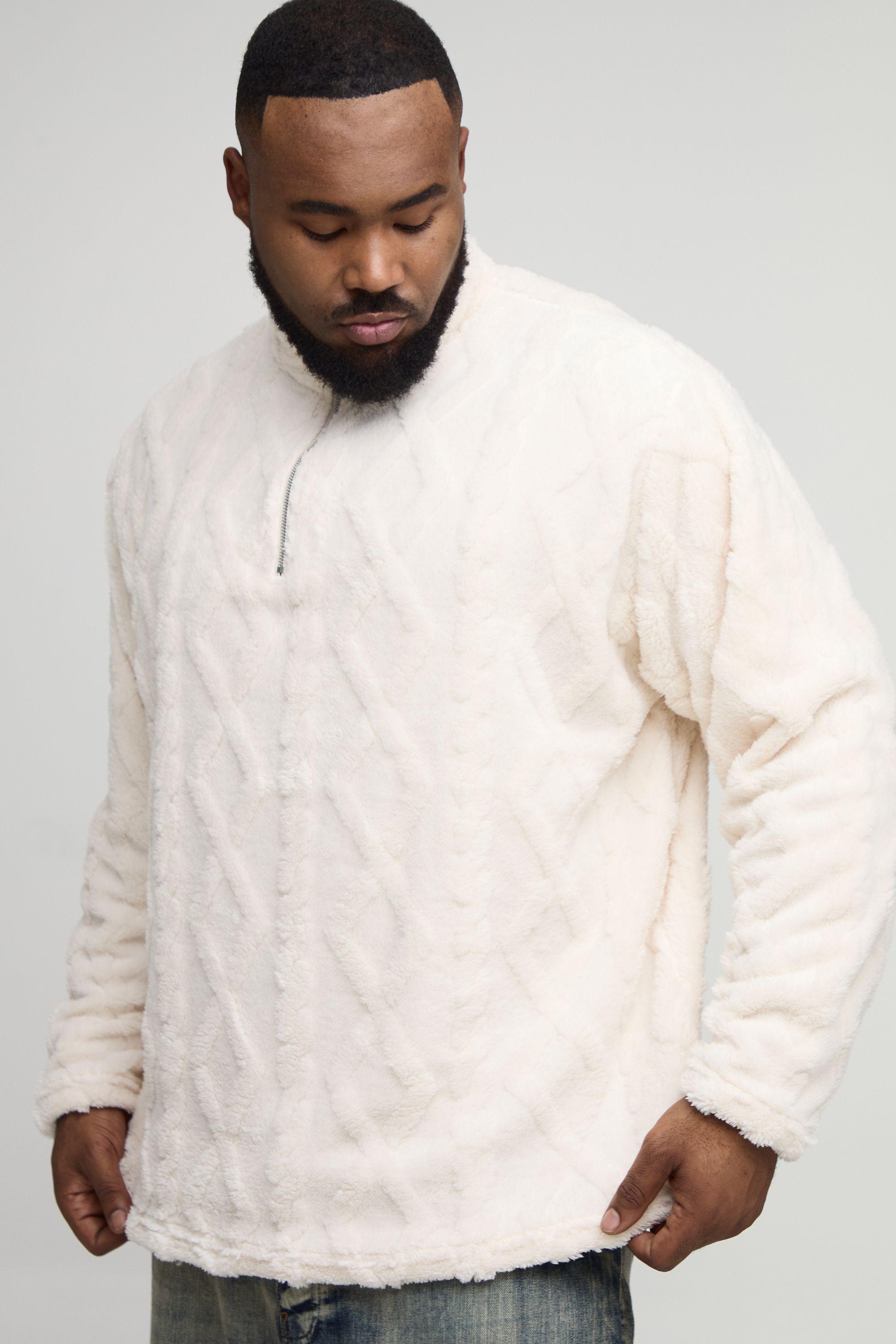 Plus Borg Oversized 1/4 Zip Cable Texture Sweat by BOOHOOMAN