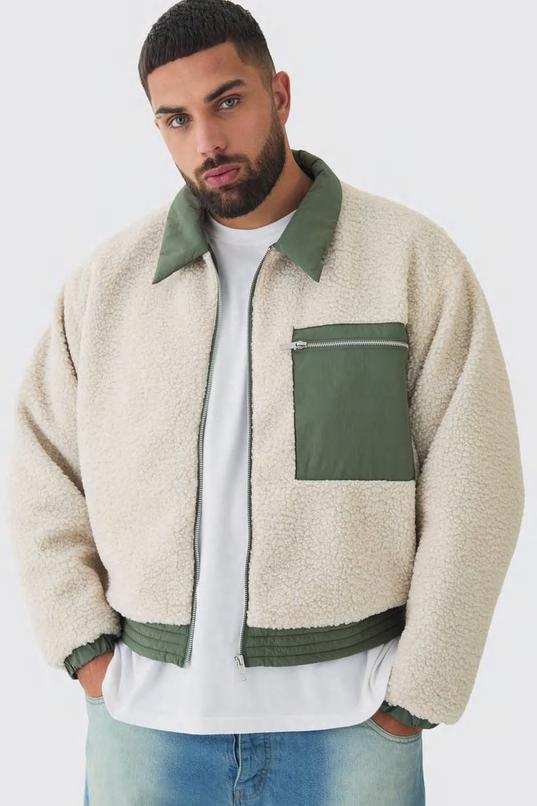 Plus Boxy Borg And Nylon Collared Bomber Jacket In Ecru by BOOHOOMAN