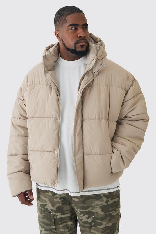 Plus Boxy Crinkle Nylon Puffer Jacket In Sand by BOOHOOMAN