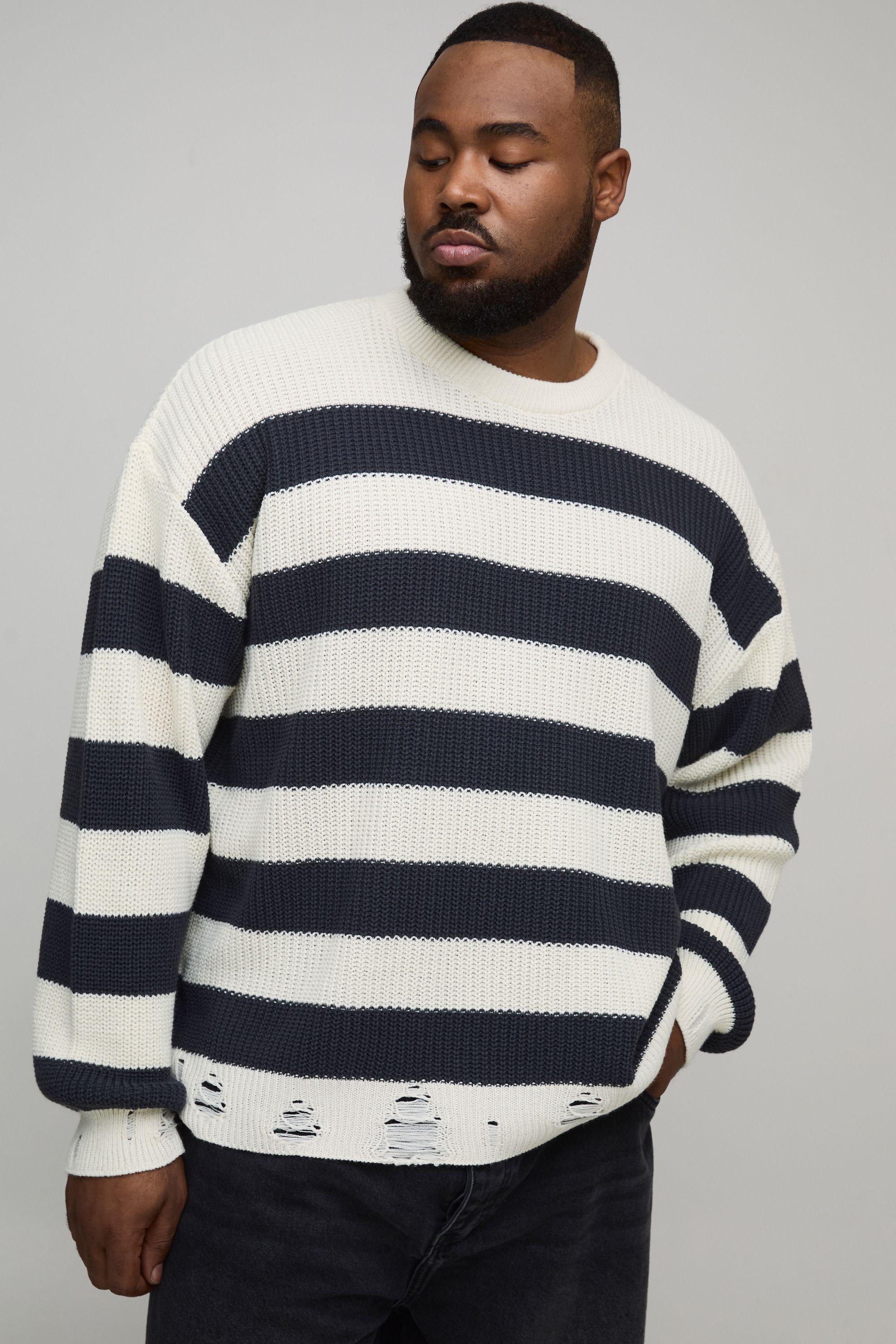 Plus Boxy Distressed Striped Knitted Jumper by BOOHOOMAN