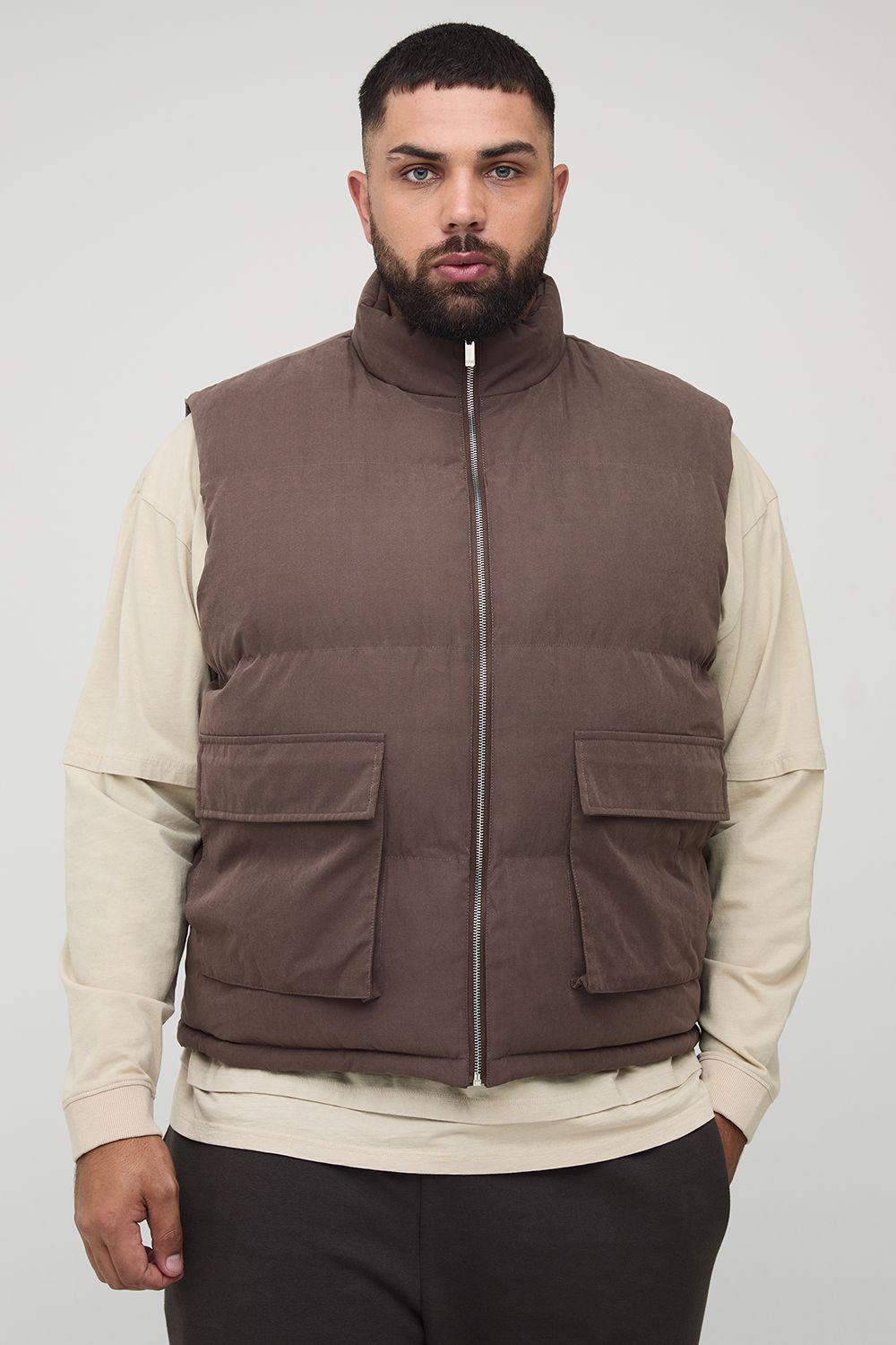 Plus Boxy Faux Suede Funnel Neck Gilet In Chocolate by BOOHOOMAN