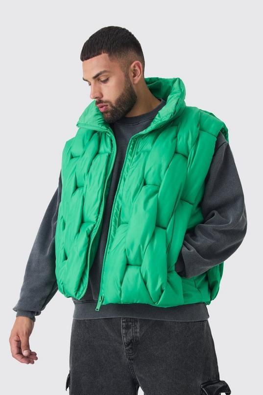 Plus Boxy Fit Hand Weft Padded Gilet In Green by BOOHOOMAN