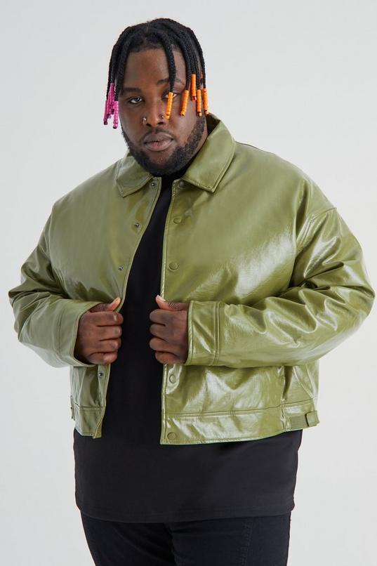 Plus Boxy High Shine PU Harrington Jacket by BOOHOOMAN