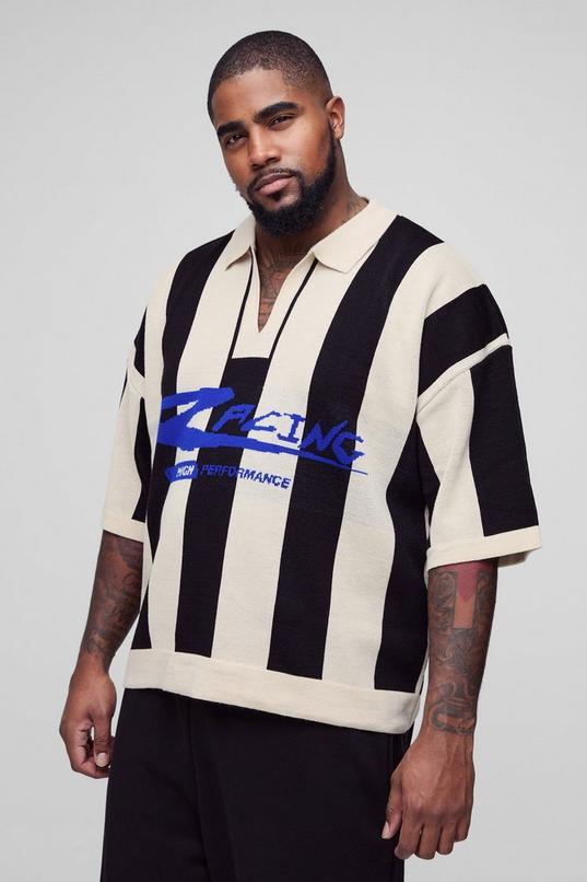 Plus Boxy Moto Stripe Knitted Polo by BOOHOOMAN