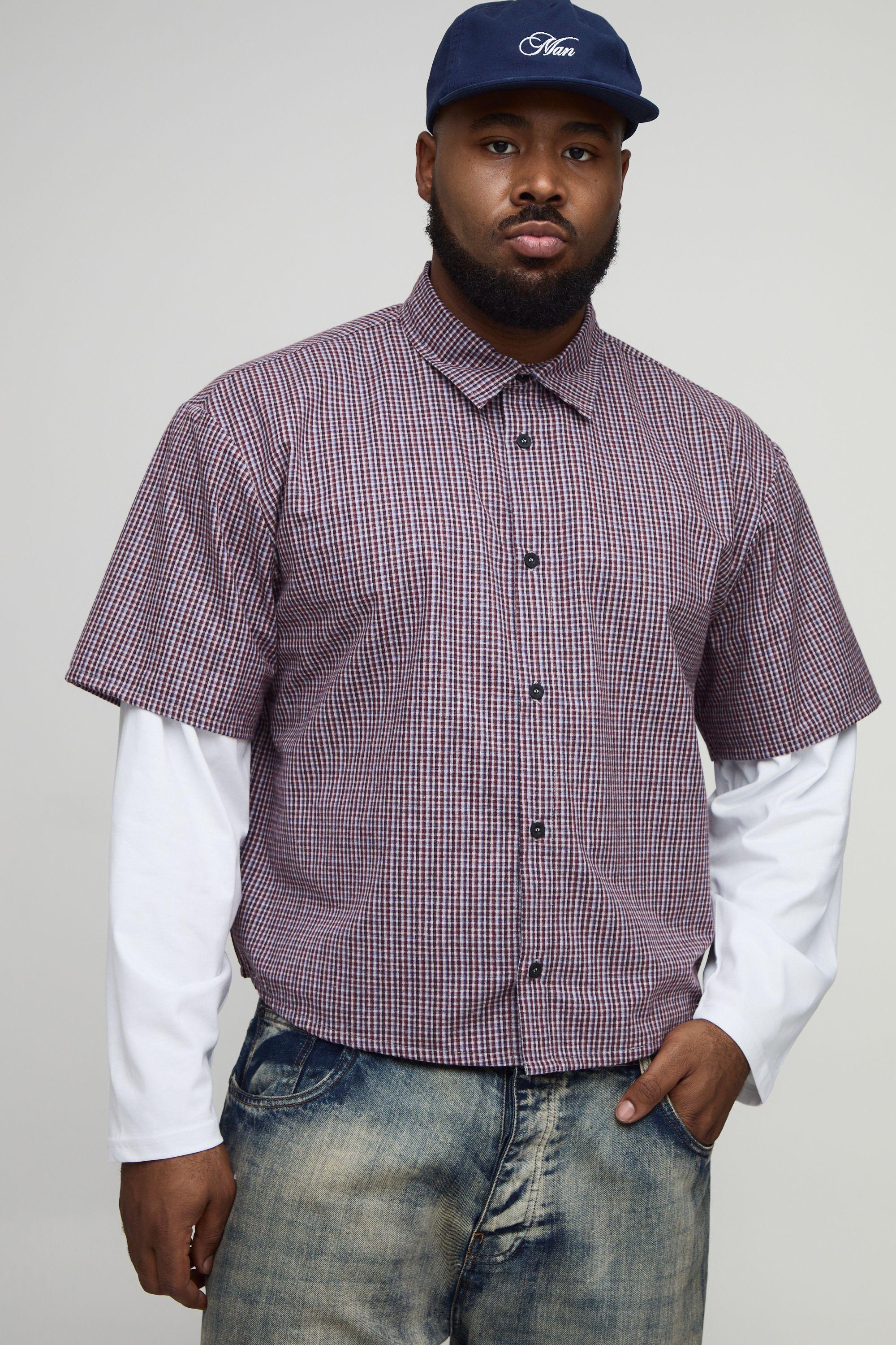 Plus Boxy Oversized Micro Check Faux Layer Shirt by BOOHOOMAN