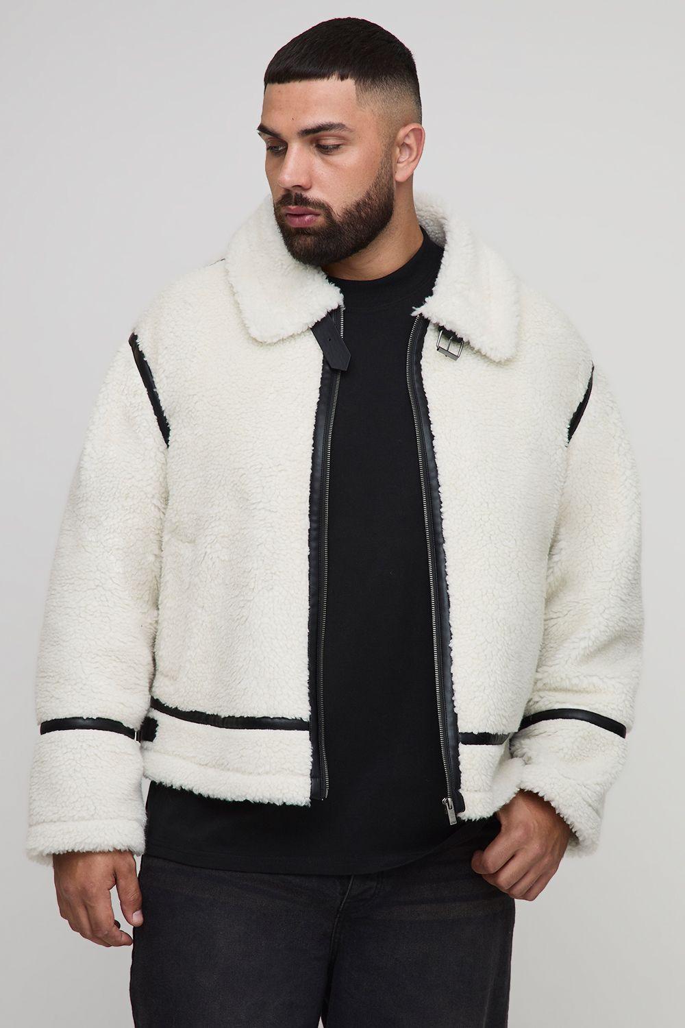 Plus Boxy Oversized PU Trim Borg Aviator Jacket by BOOHOOMAN Plus Boxy Oversized PU Trim Borg Aviator Jacket by BOOHOOMAN