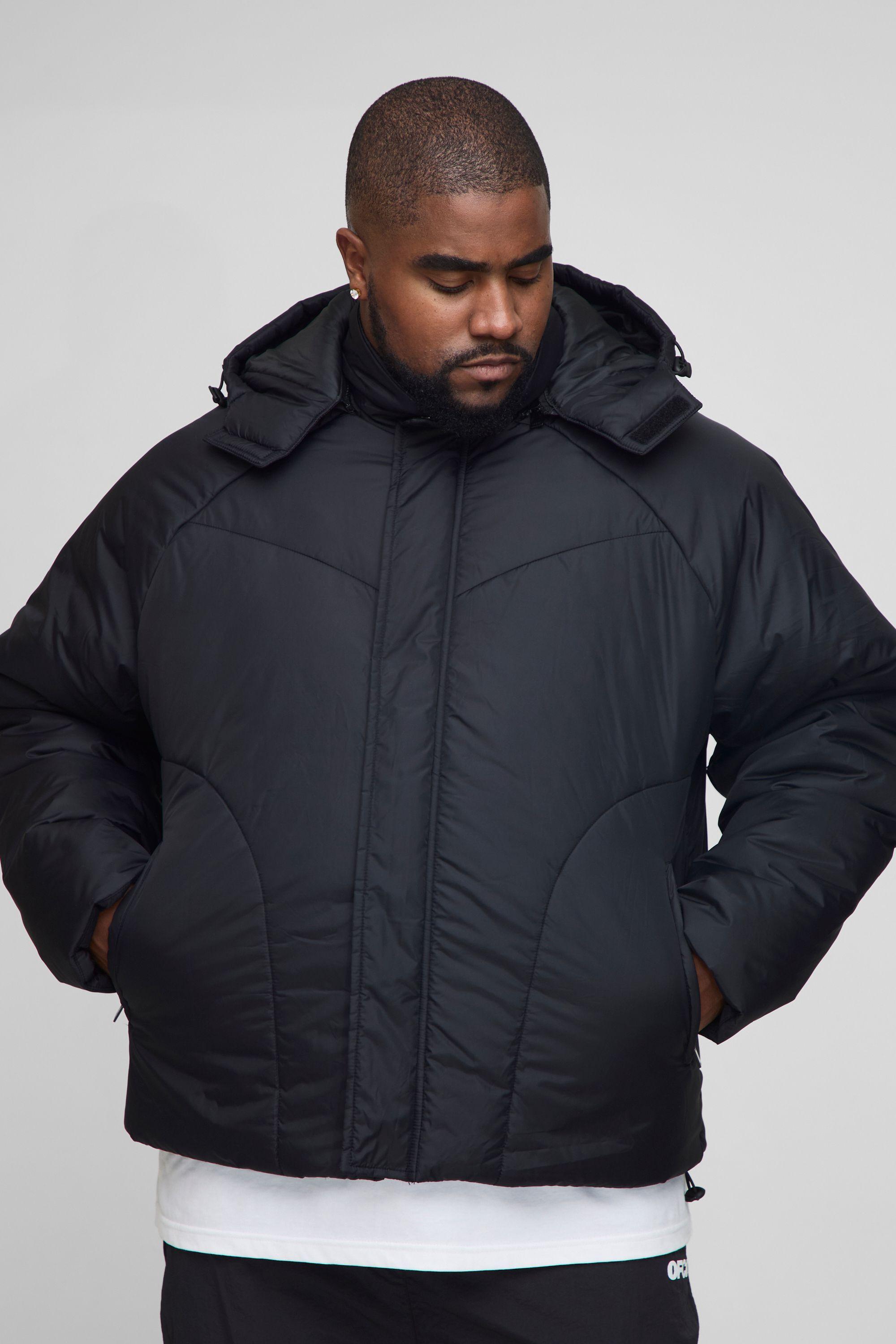 Plus Boxy Quilted Hooded Puffer Coat In Black by BOOHOOMAN