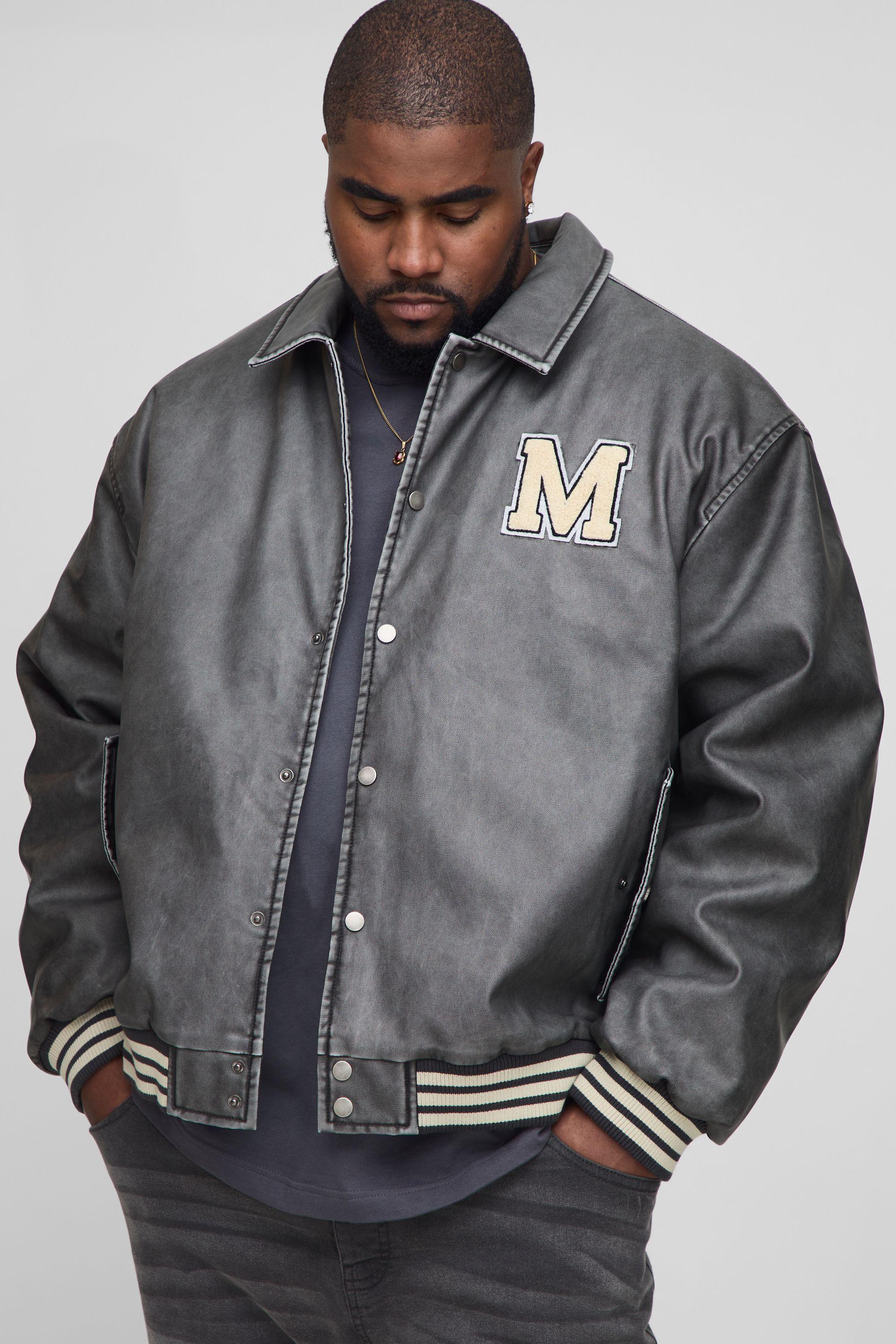 Plus Boxy Washed Pu Varsity Jacket In Grey by BOOHOOMAN Plus Boxy Washed Pu Varsity Jacket In Grey by BOOHOOMAN