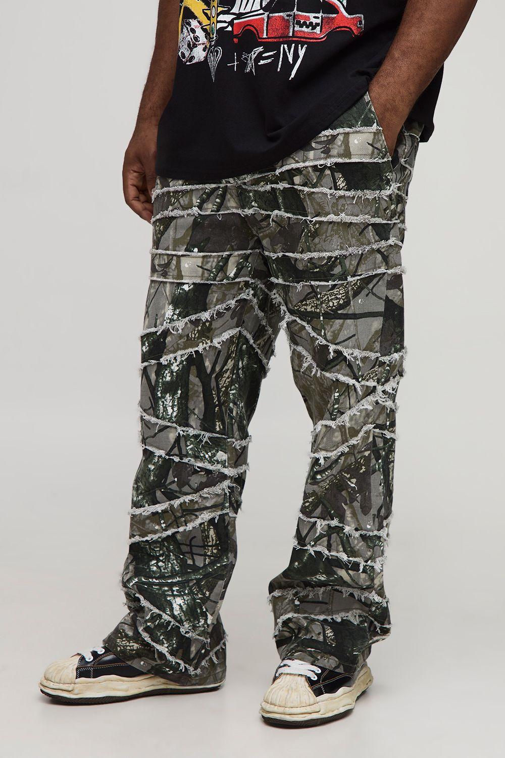 Plus Camo Print Skinny Flare Raw Edge Applique Trouser by BOOHOOMAN