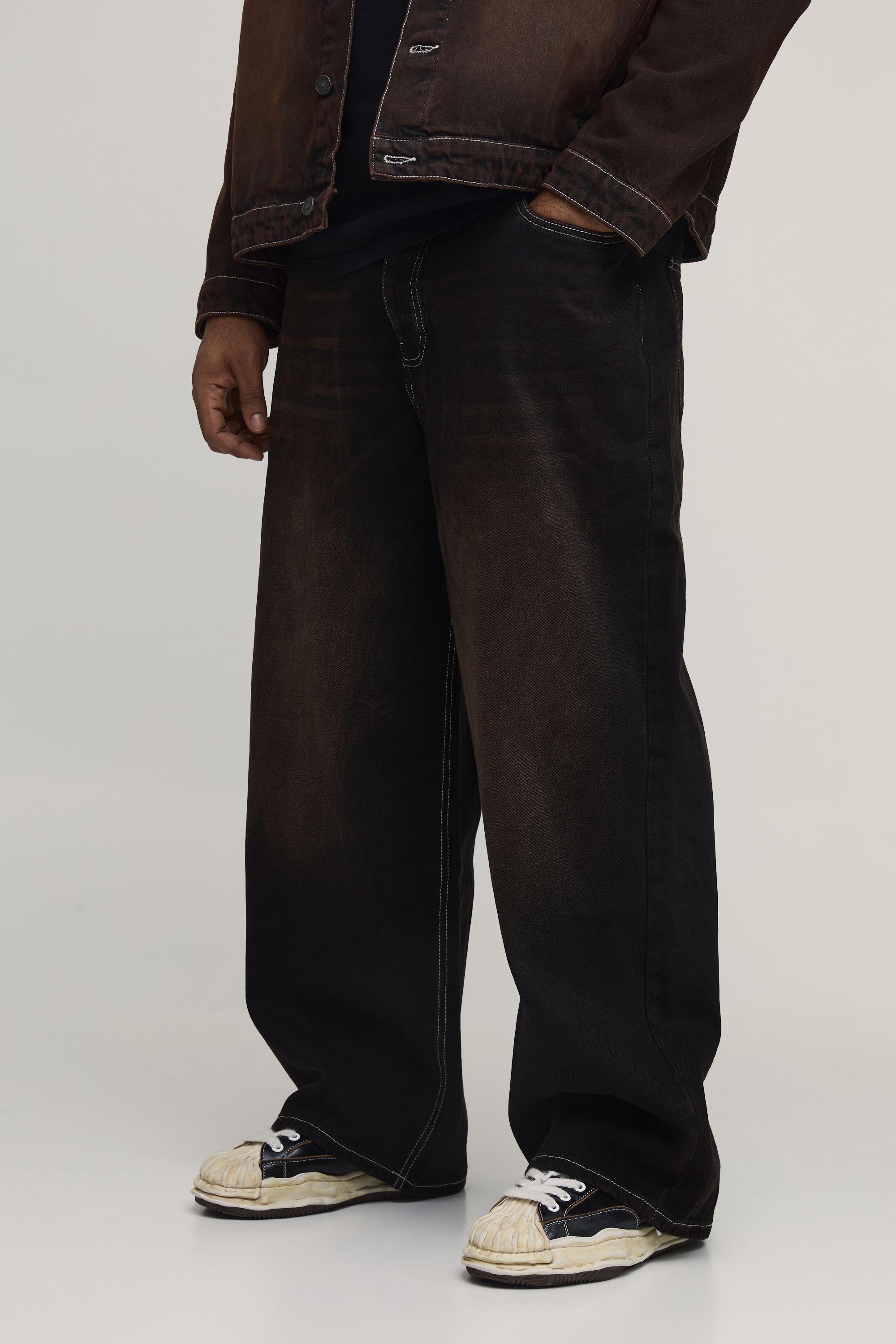 Plus Chocolate Wash Contrast Stitch Seam Detail Relaxed Fit Jeans by BOOHOOMAN