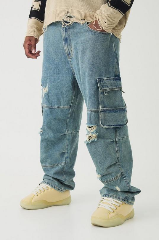 Plus Distressed Cargo Relaxed Fit Jeans by BOOHOOMAN