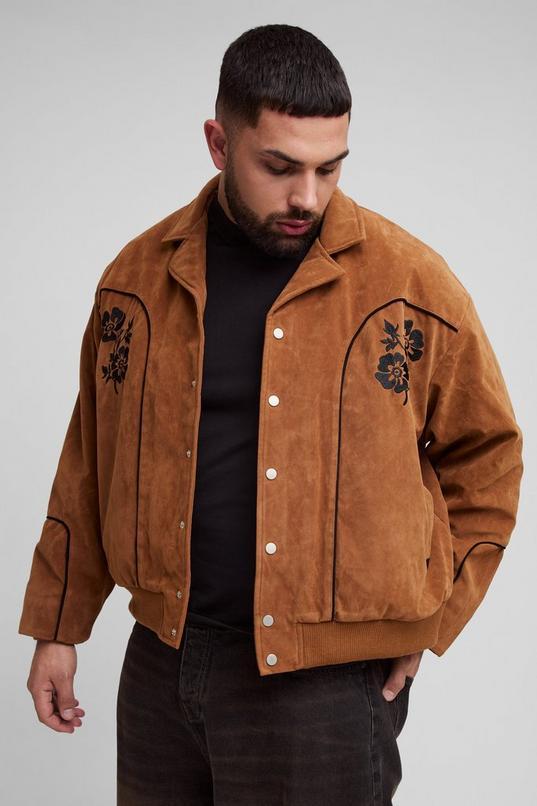Plus Faux Suede Embroidered Oversized Boxy Fit Western Jacket by BOOHOOMAN