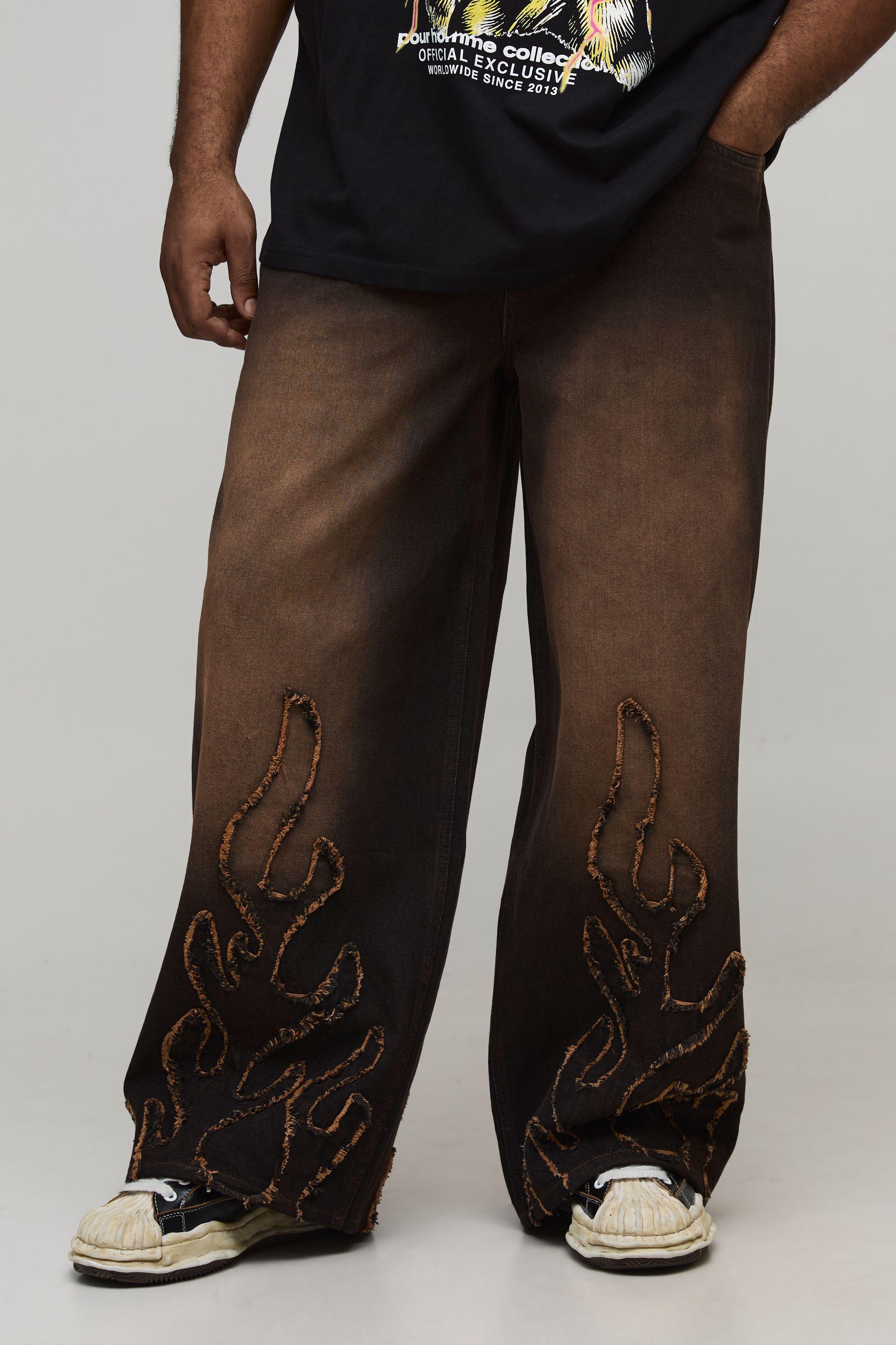 Plus Flame Applique Baggy Fit Washed Tinted Jeans by BOOHOOMAN