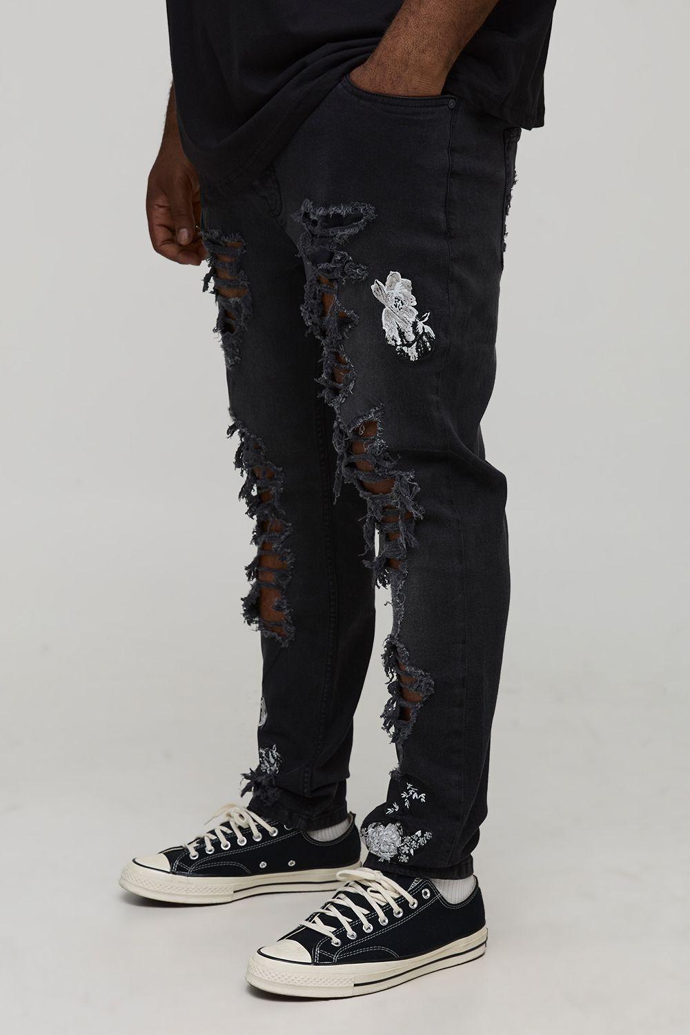 Plus Floral Embroidered Ripped Skinny Jeans by BOOHOOMAN Plus Floral Embroidered Ripped Skinny Jeans by BOOHOOMAN