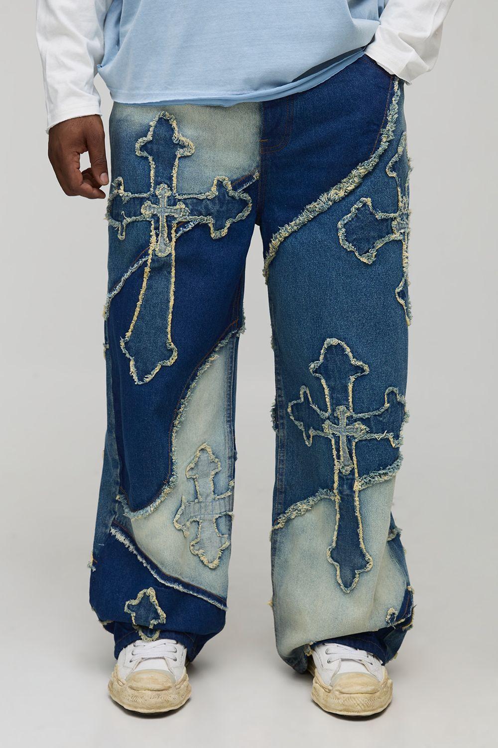 Plus Frayed Cross Applique Relaxed Fit Jeans by BOOHOOMAN Plus Frayed Cross Applique Relaxed Fit Jeans by BOOHOOMAN