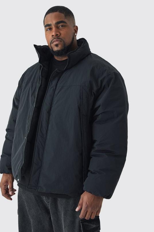 Plus Funnel Neck Padded Jacket In Black by BOOHOOMAN