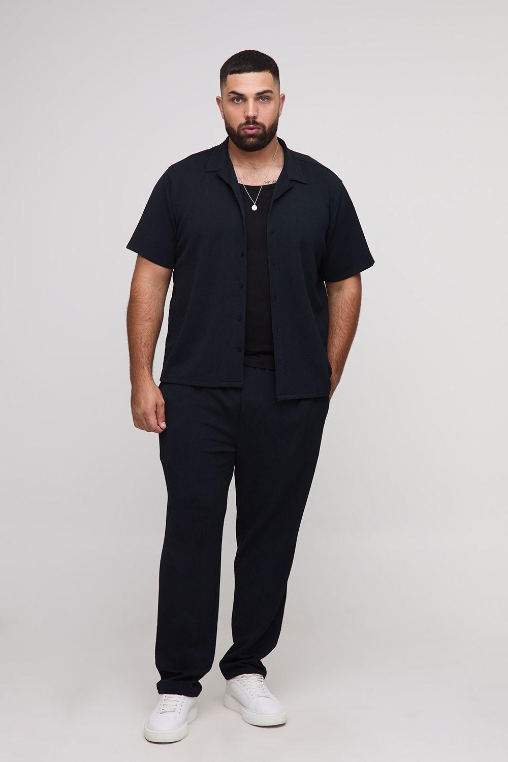 Plus Herringbone Jersey Regular Shirt and Tapered Trouser Set by BOOHOOMAN Plus Herringbone Jersey Regular Shirt and Tapered Trouser Set by BOOHOOMAN