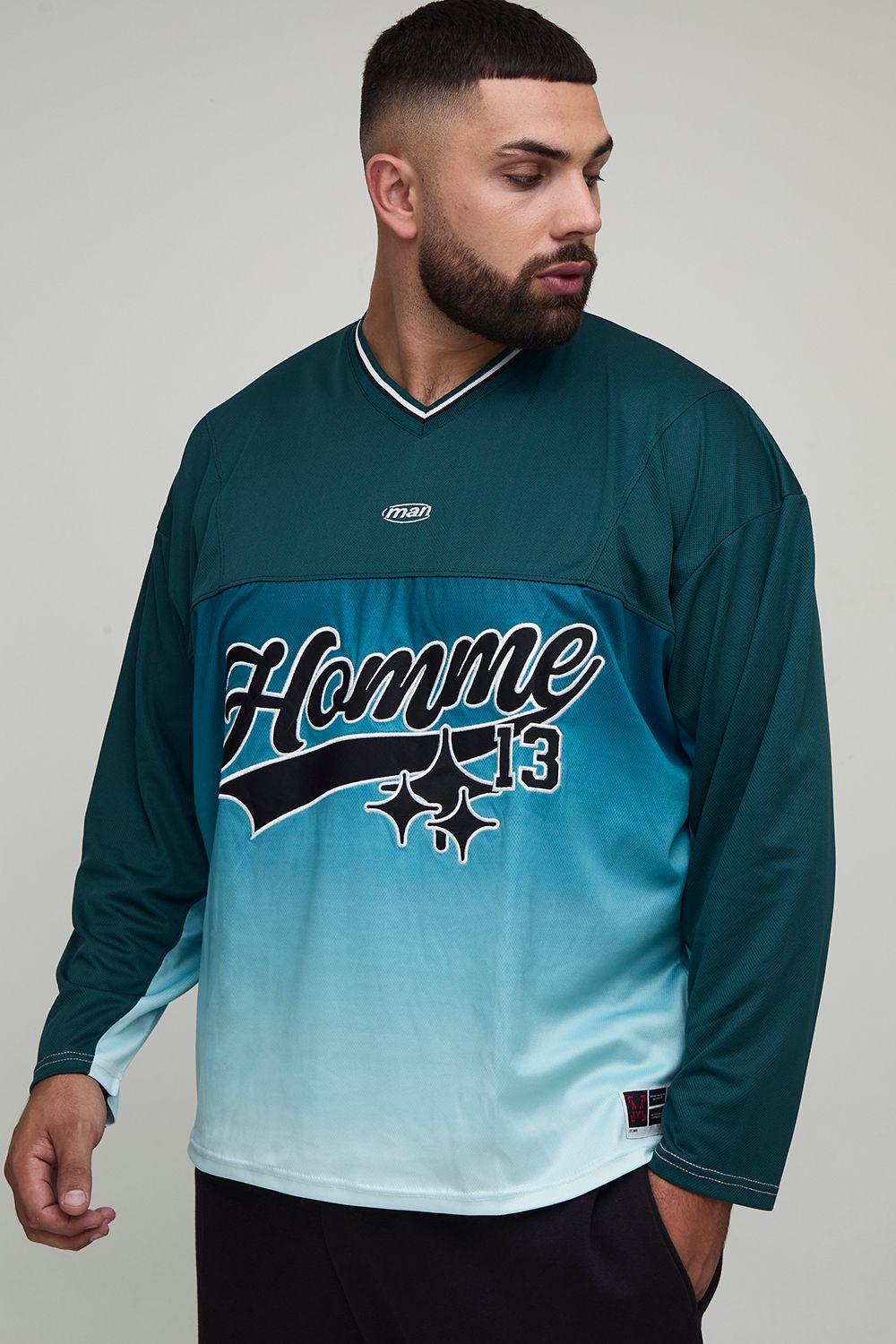 Plus Homme Oversized Applique Long-sleeve Sports T-Shirt by BOOHOOMAN Plus Homme Oversized Applique Long-sleeve Sports T-Shirt by BOOHOOMAN