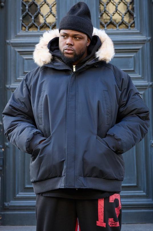 Plus Hooded Parka With Removeable Faux Fur Trim Regular Fit In Black by BOOHOOMAN