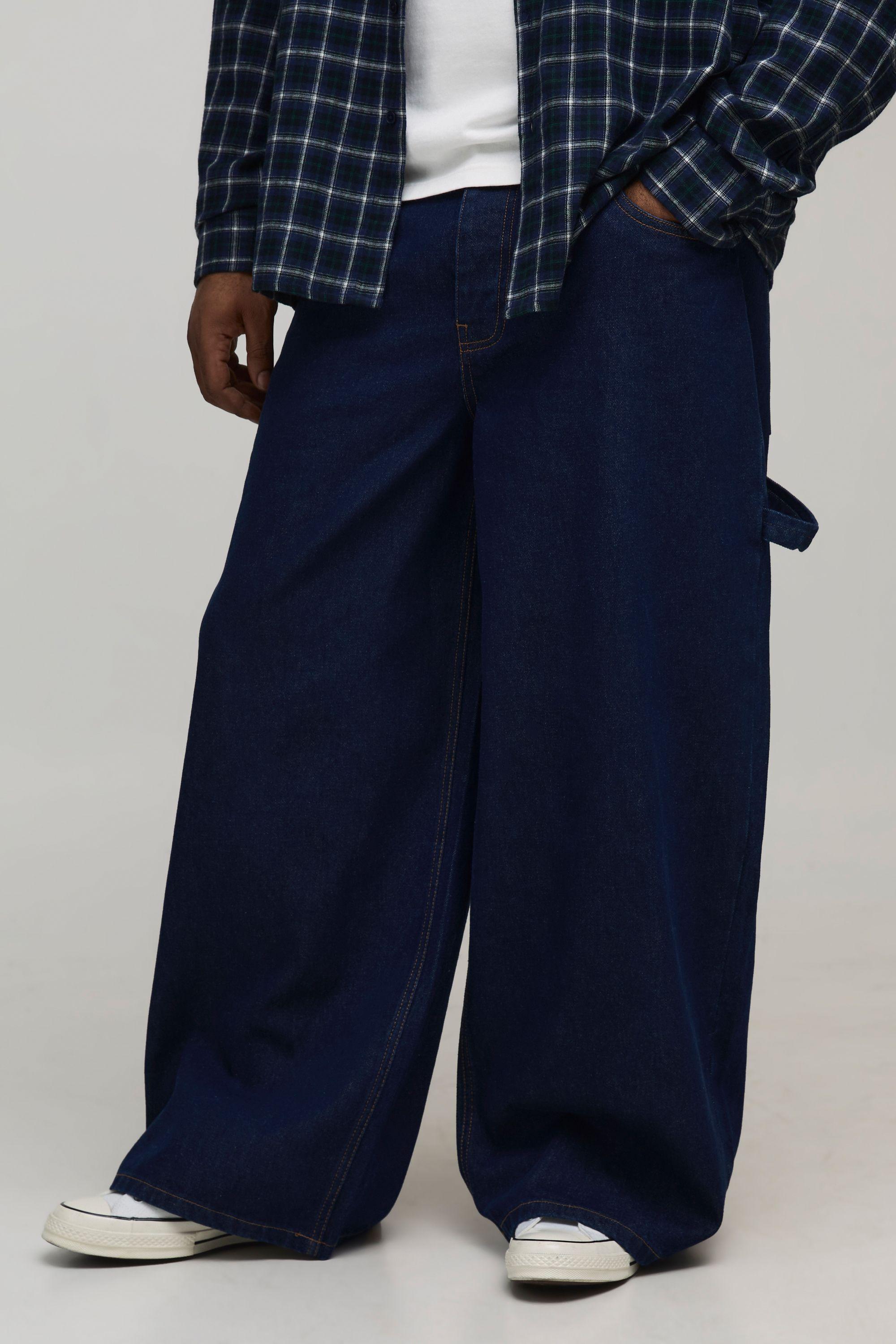 Plus Indigo Wash Contrast Stitch Baggy Carpenter Jeans by BOOHOOMAN