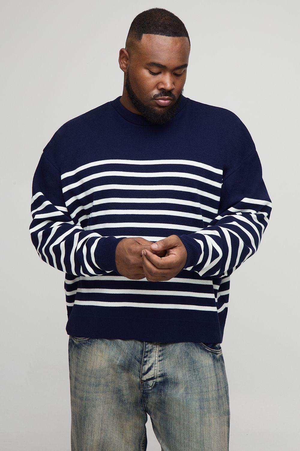 Plus Knitted Stripe Oversized Crew Neck Jumper by BOOHOOMAN