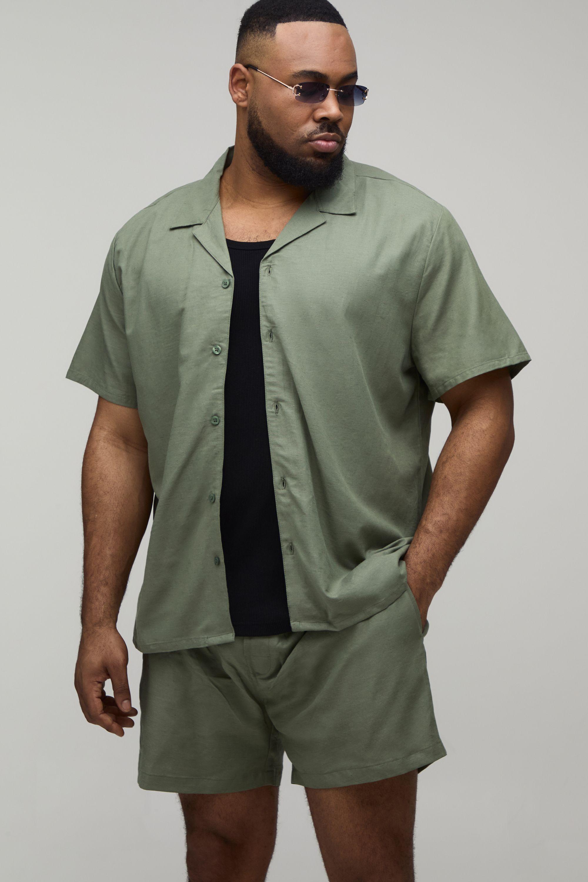 Plus Linen Blend Regular Fit Shirt & Short Set by BOOHOOMAN