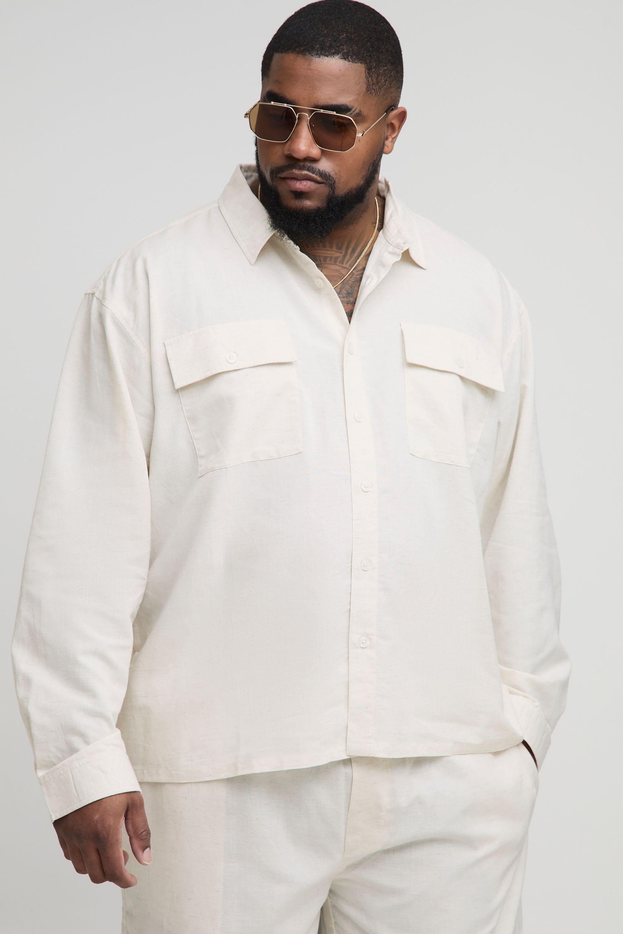 Plus Long Sleeve Linen Look Cargo Pocket Oversized Overshirt by BOOHOOMAN