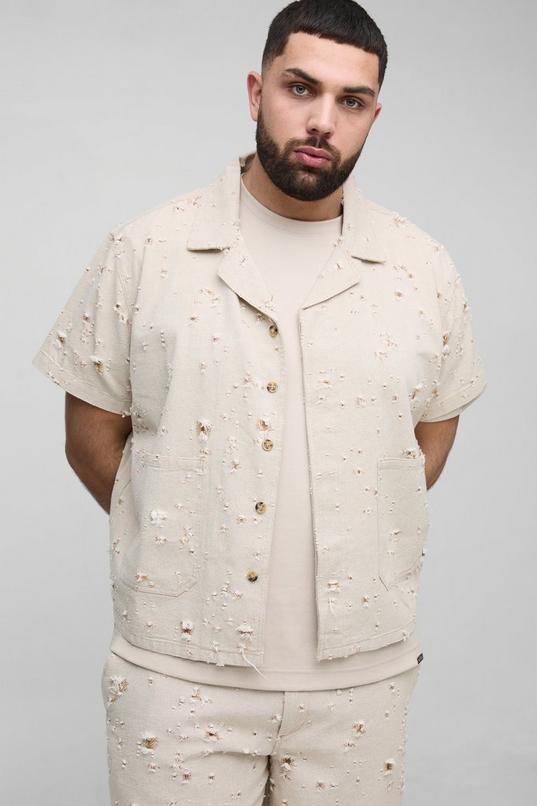 Plus Nibbled Denim Boxy Oversized Revere Shirt by BOOHOOMAN
