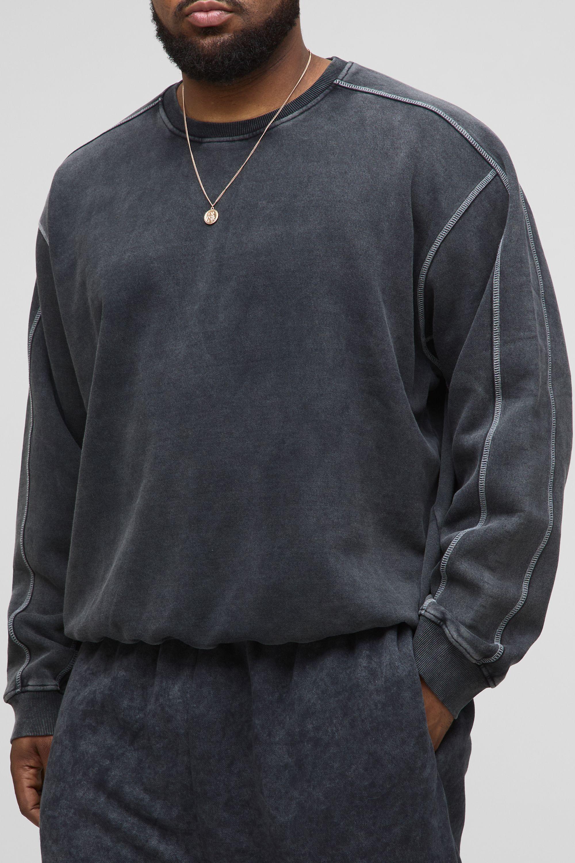 Plus Oversized Boxy Acid Wash Contrast Stitch Sweater by BOOHOOMAN