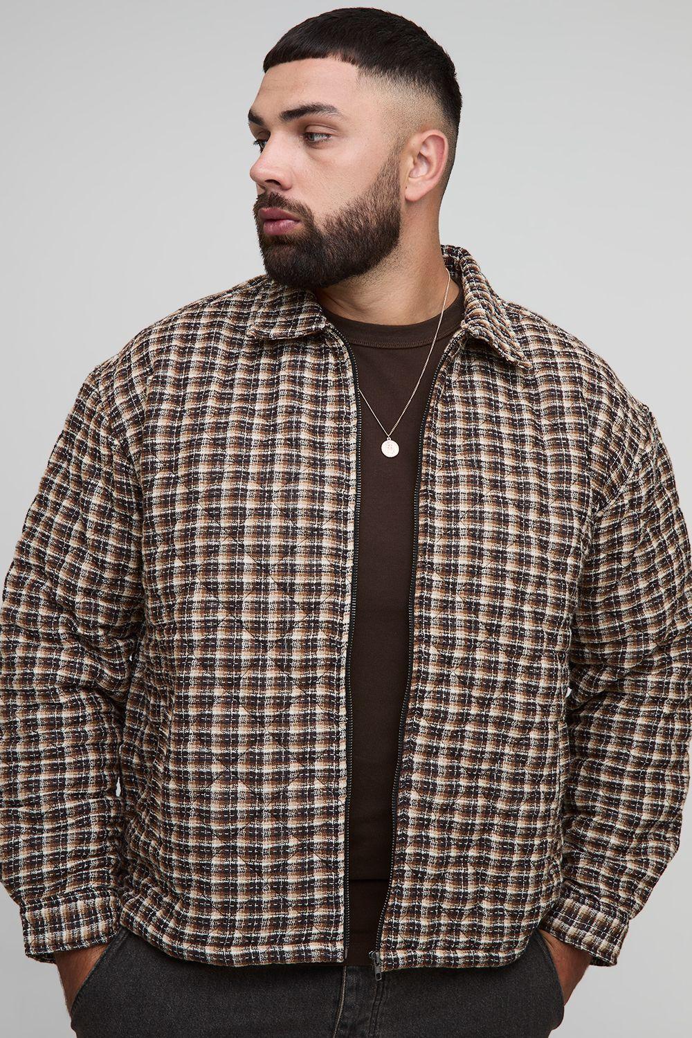 Plus Oversized Boxy Boucle Check Zip Up Overshirt by BOOHOOMAN
