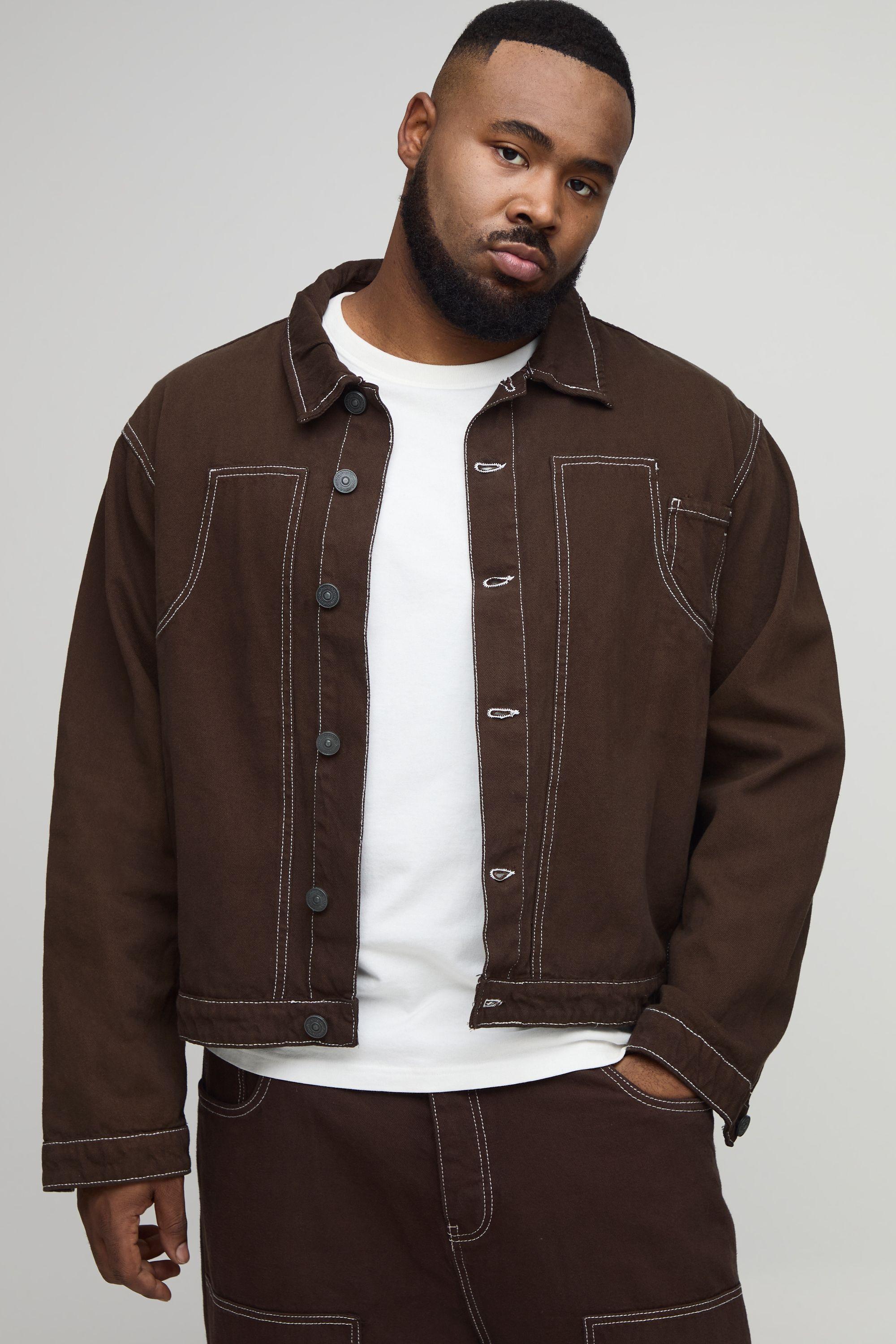 Plus Oversized Boxy Contrast Stitch Worker Denim Jacket by BOOHOOMAN