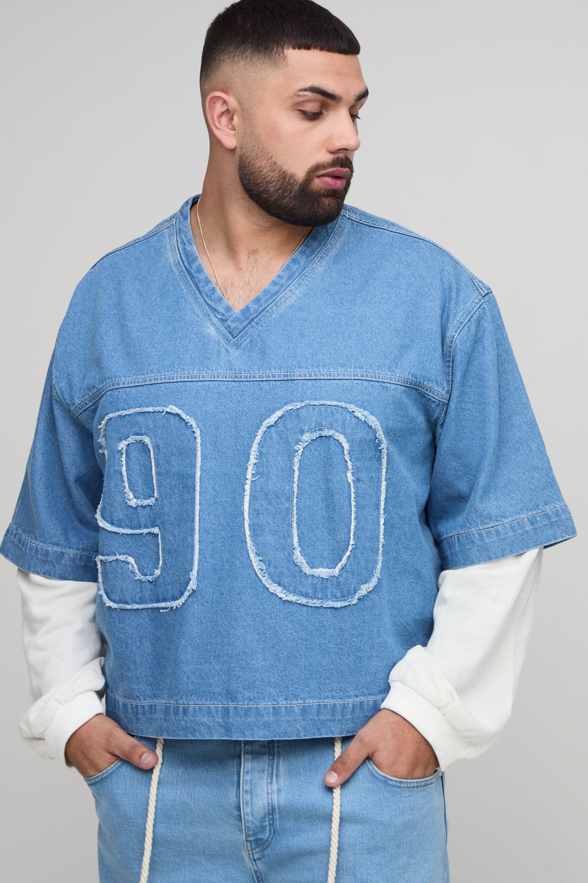Plus Oversized Boxy Faux Layer Applique Denim Varsity Top by BOOHOOMAN