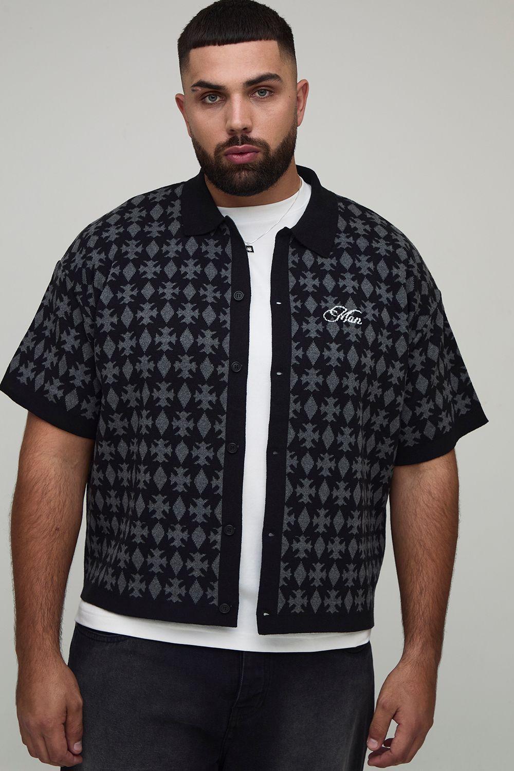 Plus Oversized Boxy Fit Jacquard Patch Knitted Shirt by BOOHOOMAN
