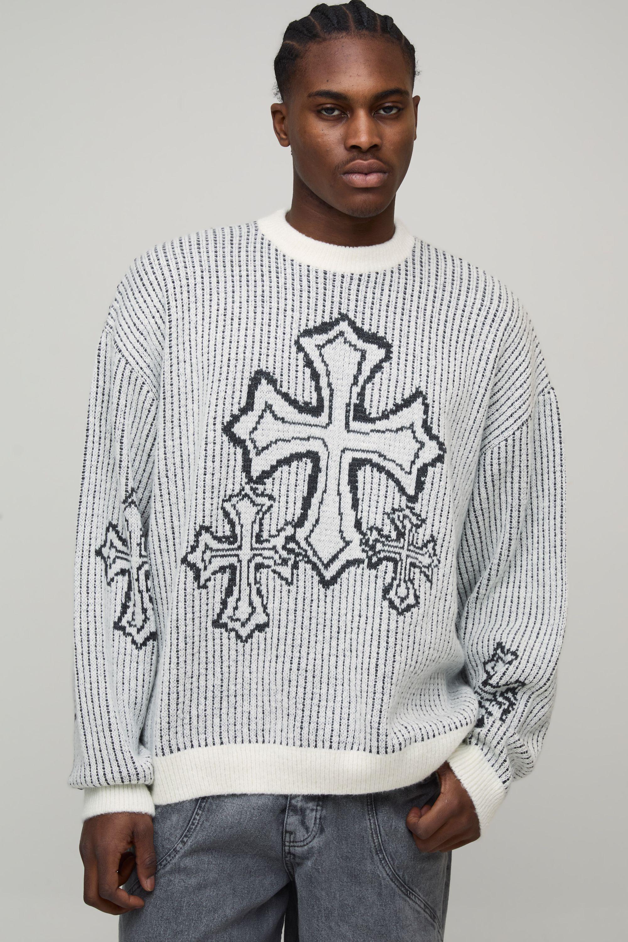 Plus Oversized Boxy Fluffy Cross Jacquard Knitted Jumper by BOOHOOMAN