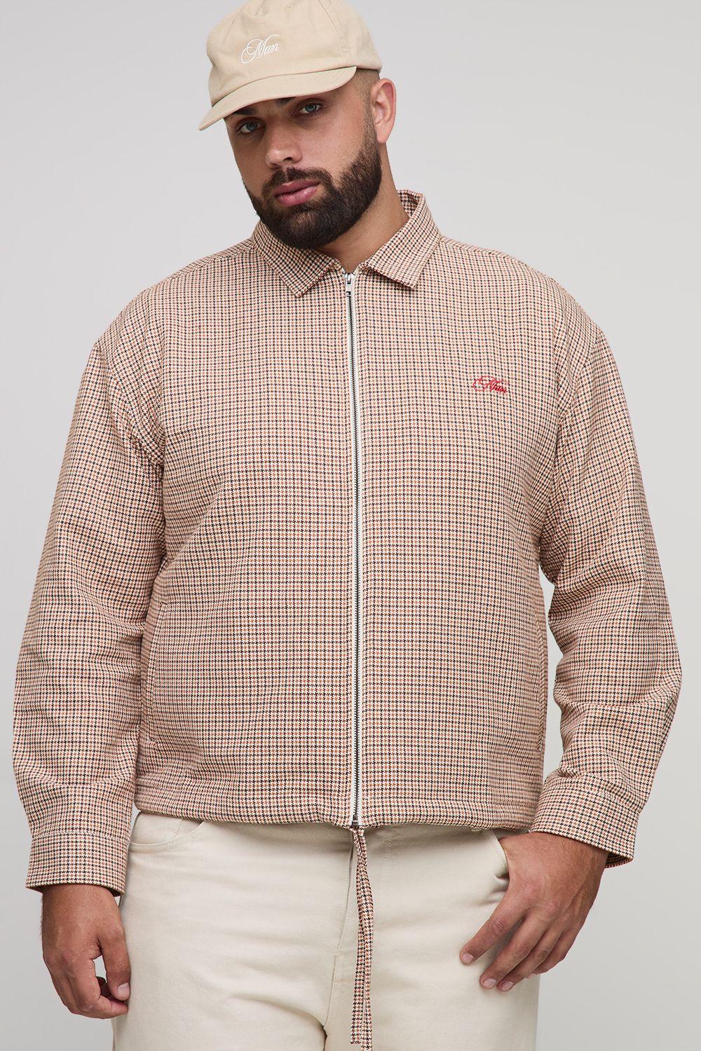 Plus Oversized Boxy Heritage Check Embroidered Zip Up Overshirt by BOOHOOMAN