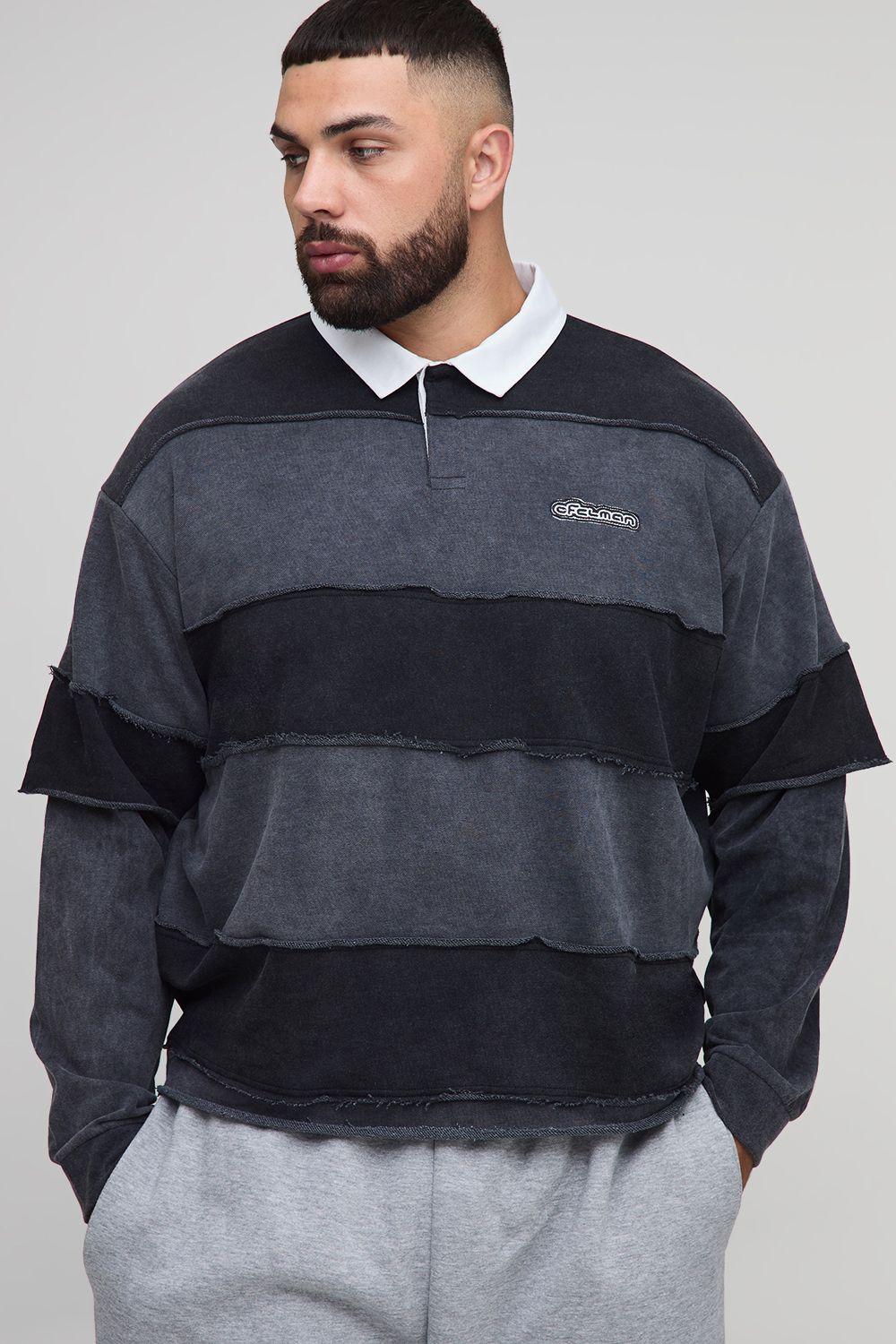 Plus Oversized Boxy Loopback Washed Embroidered Faux Layer Stripe Rugby Polo by BOOHOOMAN Plus Oversized Boxy Loopback Washed Embroidered Faux Layer Stripe Rugby Polo by BOOHOOMAN