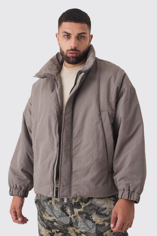 Plus Oversized Boxy Padded Funnel Neck Coat In Charcoal by BOOHOOMAN