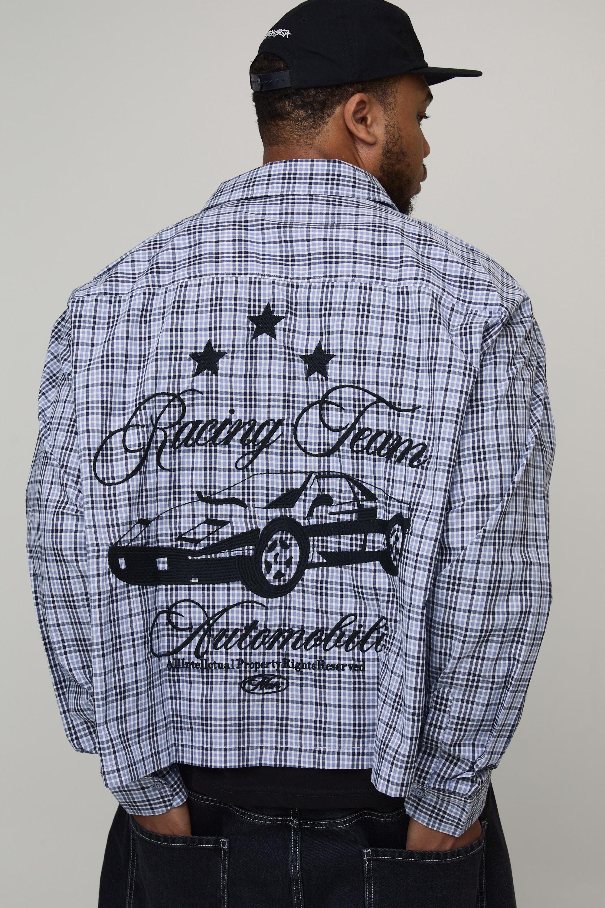 Plus Oversized Boxy Racing Embroidered Micro Check Shirt by BOOHOOMAN