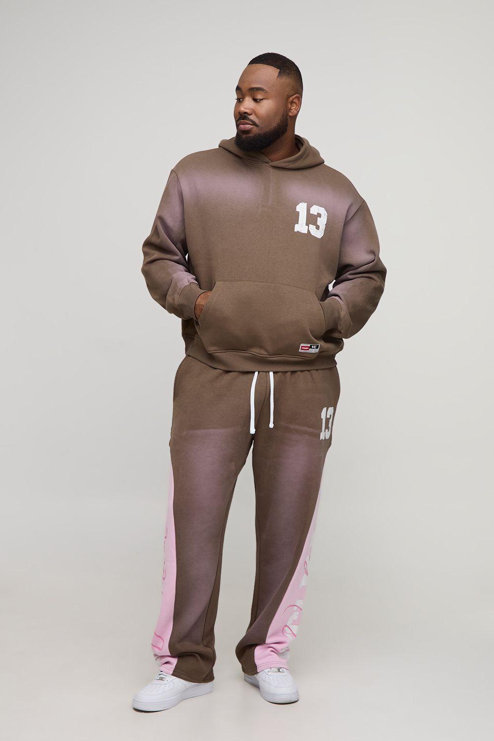 Plus Oversized Boxy Spray Wash 13 Print Hoodie & Baggy Panel Jogger Tracksuit by BOOHOOMAN