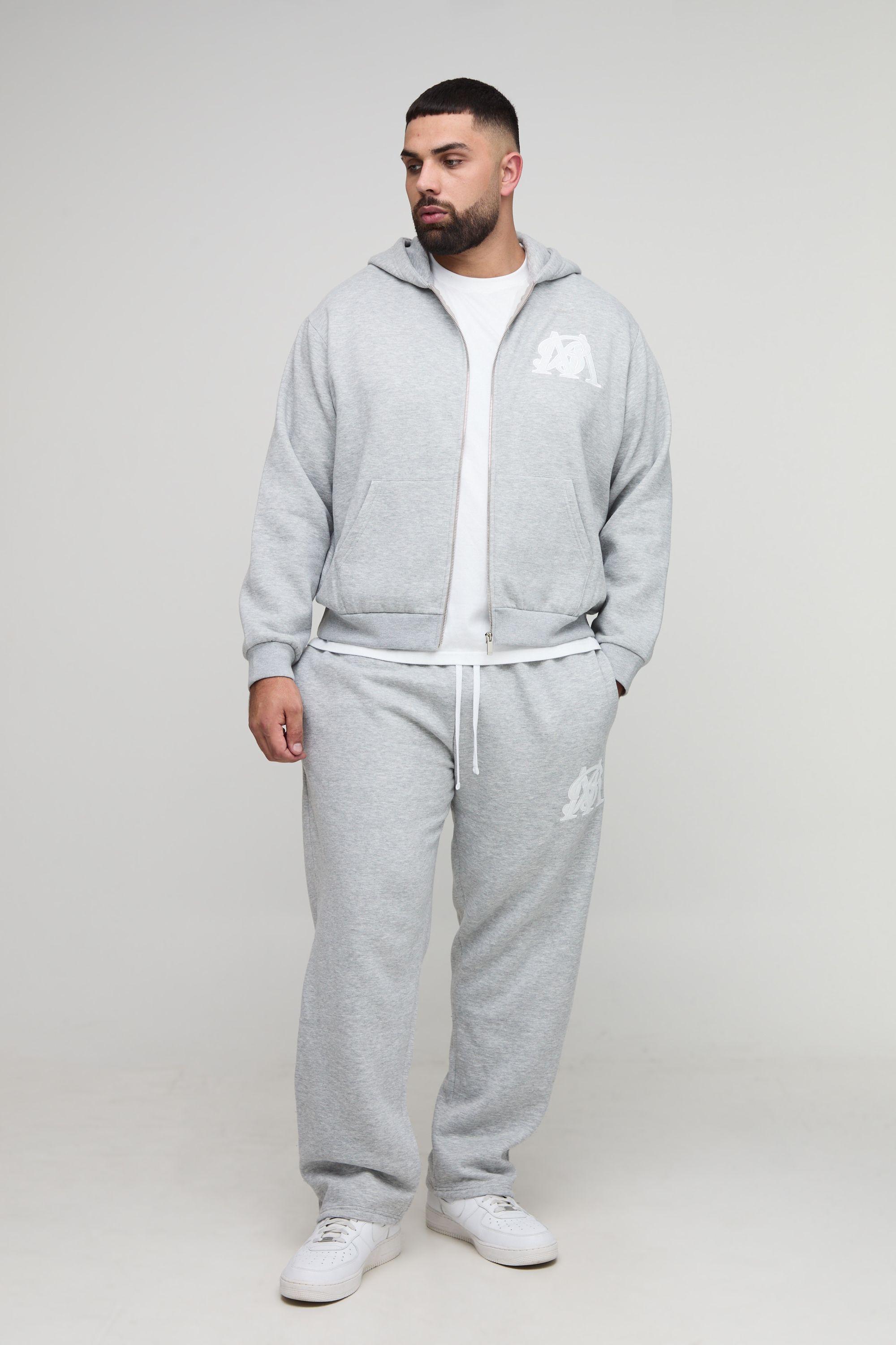 Plus Oversized Boxy Zip Through BM Embroidered Hoodie & Baggy Fit Jogger Tracksuit by BOOHOOMAN