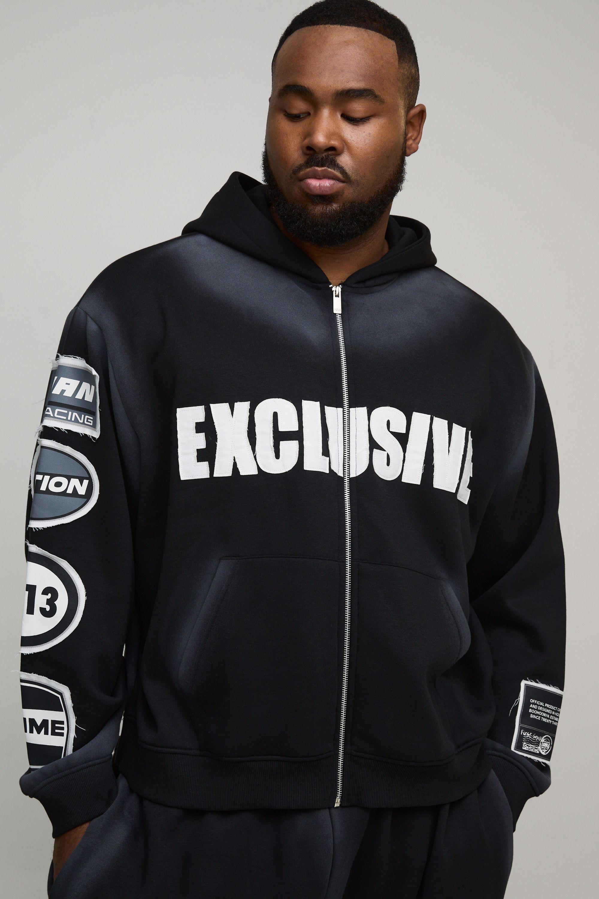 Plus Oversized Boxy Zip Through Moto Applique Spray Wash Hoodie by BOOHOOMAN