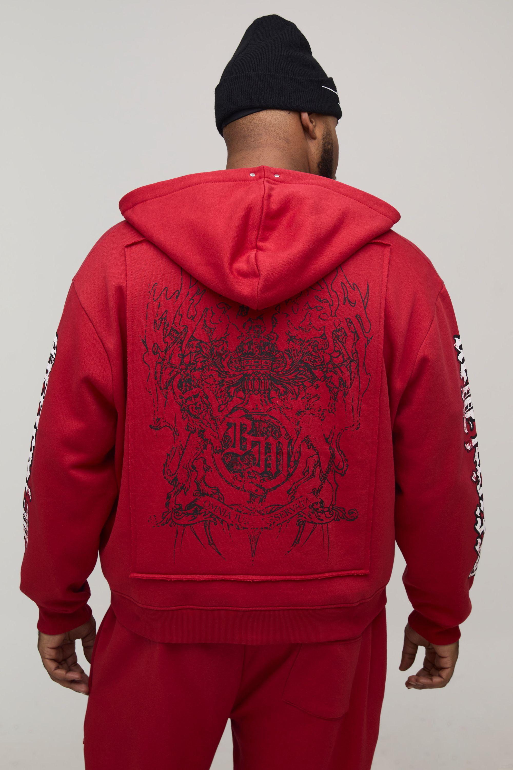 Plus Oversized Boxy Zip Through Rhinestone Applique Gothic Print Hoodie by BOOHOOMAN