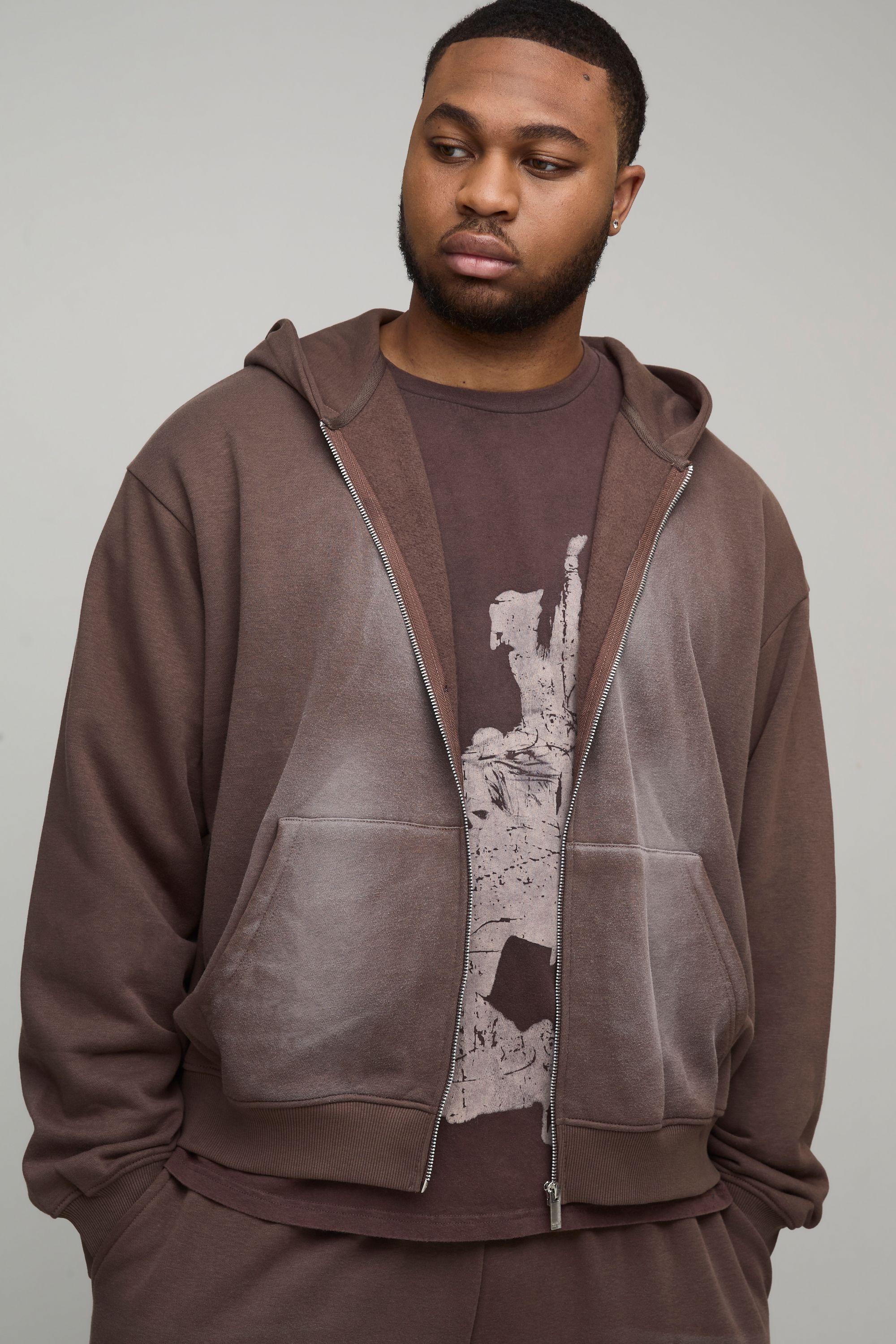 Plus Oversized Boxy Zip Through Spray Washed Hoodie by BOOHOOMAN