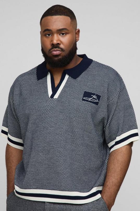 Plus Oversized Check Official Moto Knitted Polo by BOOHOOMAN