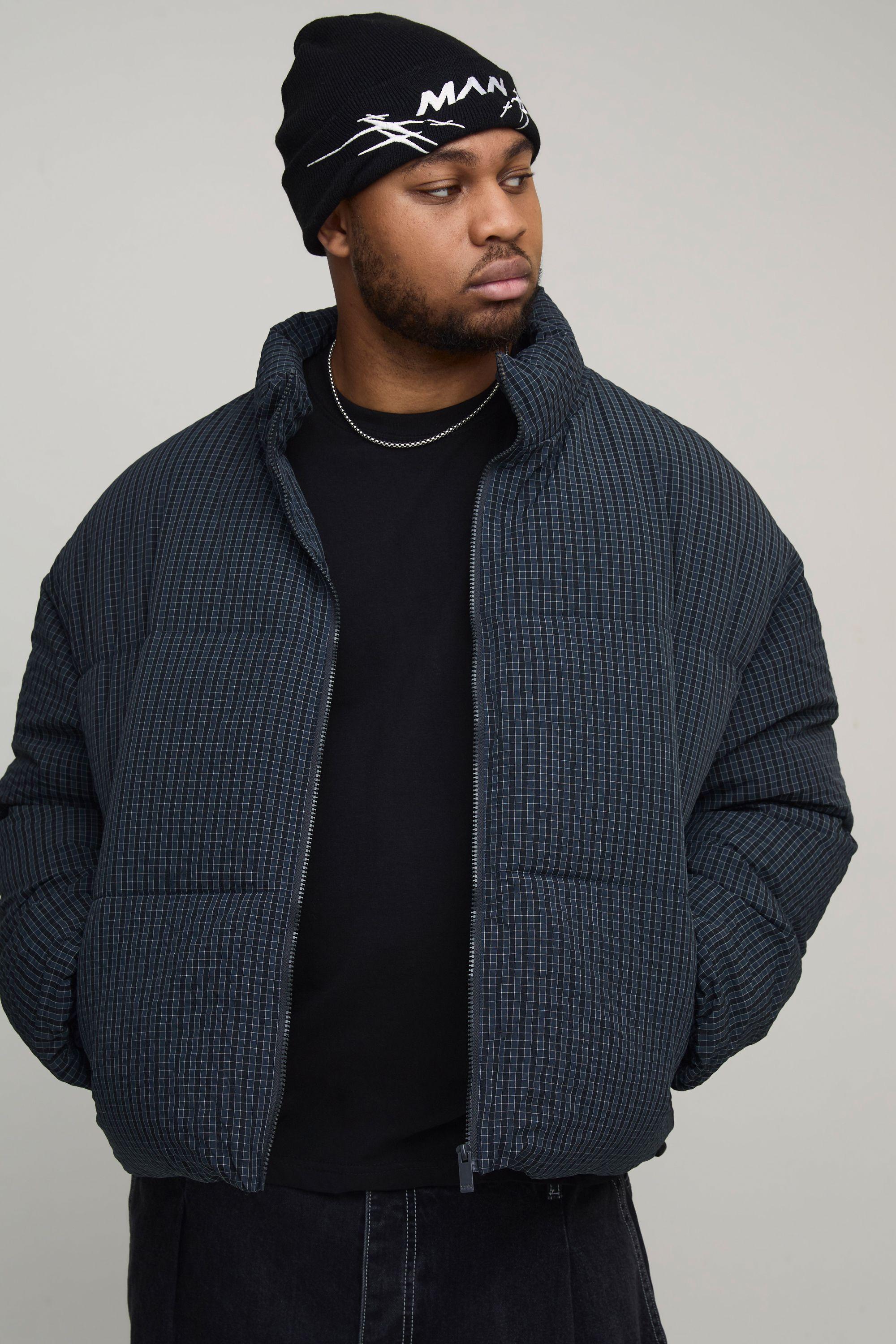 Plus Oversized Check Ripstop Funnel Neck Puffer Jacket by BOOHOOMAN