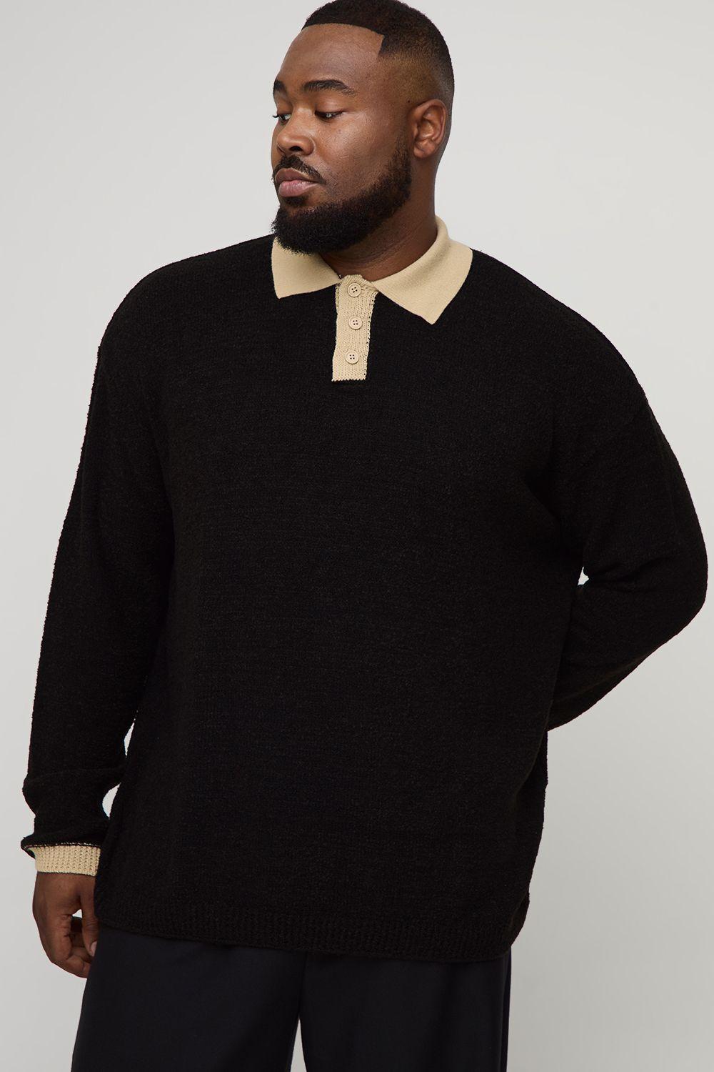 Plus Oversized Contrast Placket Knitted Polo Shirt by BOOHOOMAN